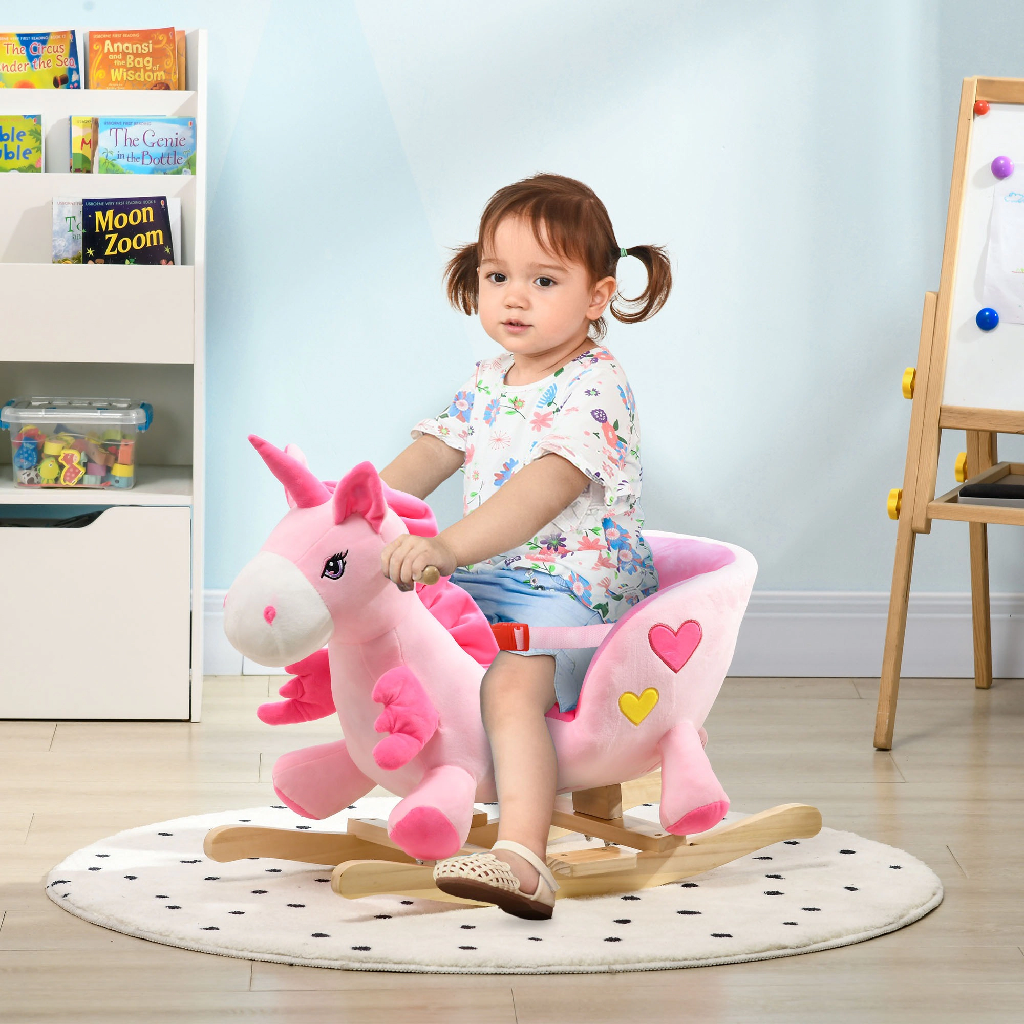 HONGGE Musical Unicorn Rocking Horse with 32 Songs & Seatbelt, Wood Base, Ages 18-36 Months, Pink