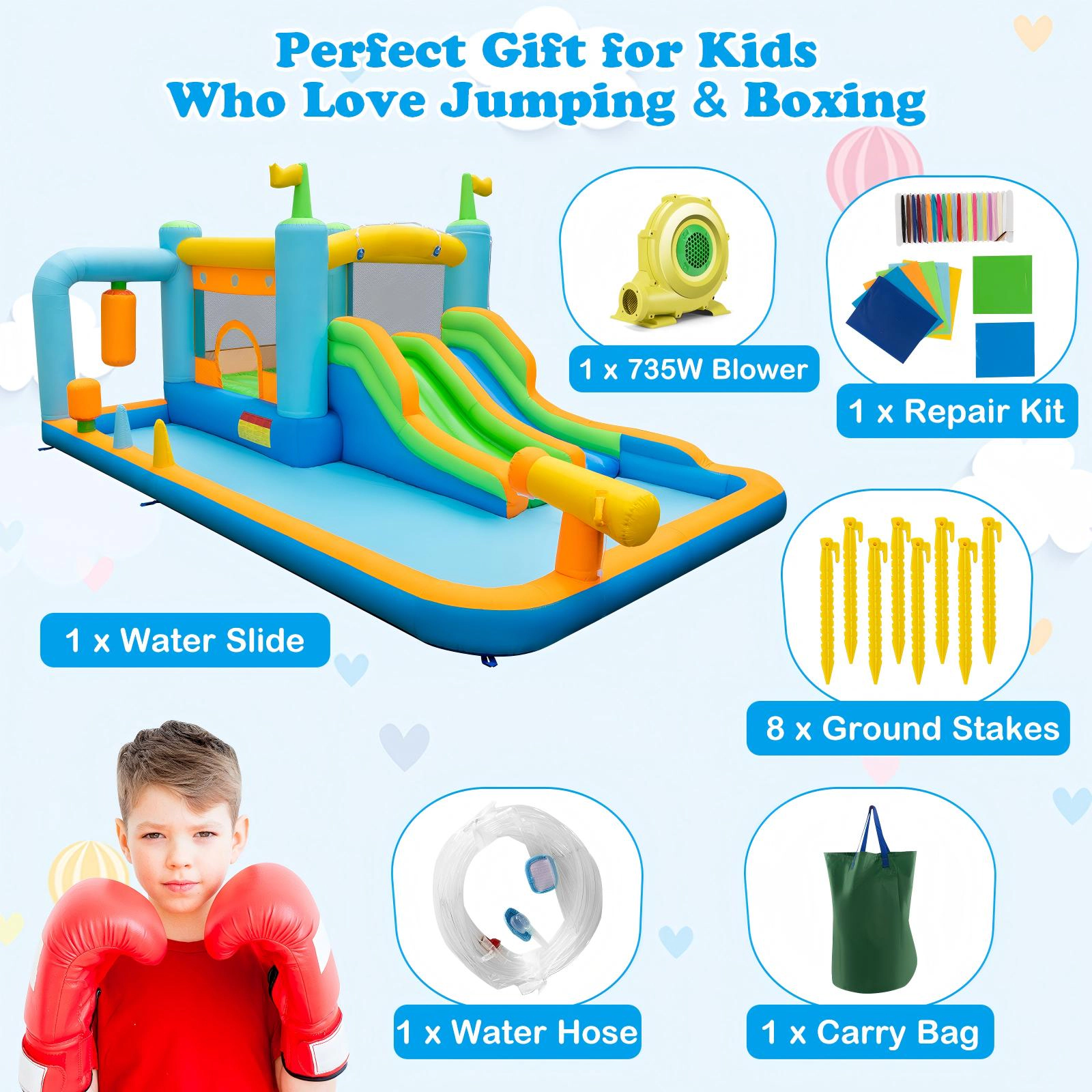SUGIFT Dual Slides Bouncing Mat and 735W Blower for Ages 3-10 Kids Inflatable Water Slide