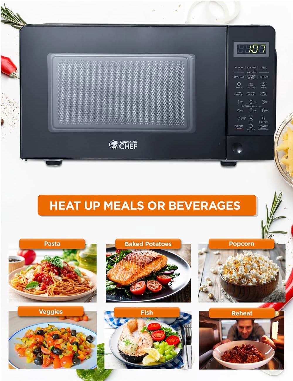 Commercial Chef Countertop Microwave Oven, 0.7 cu. ft., 700W, Push-Button