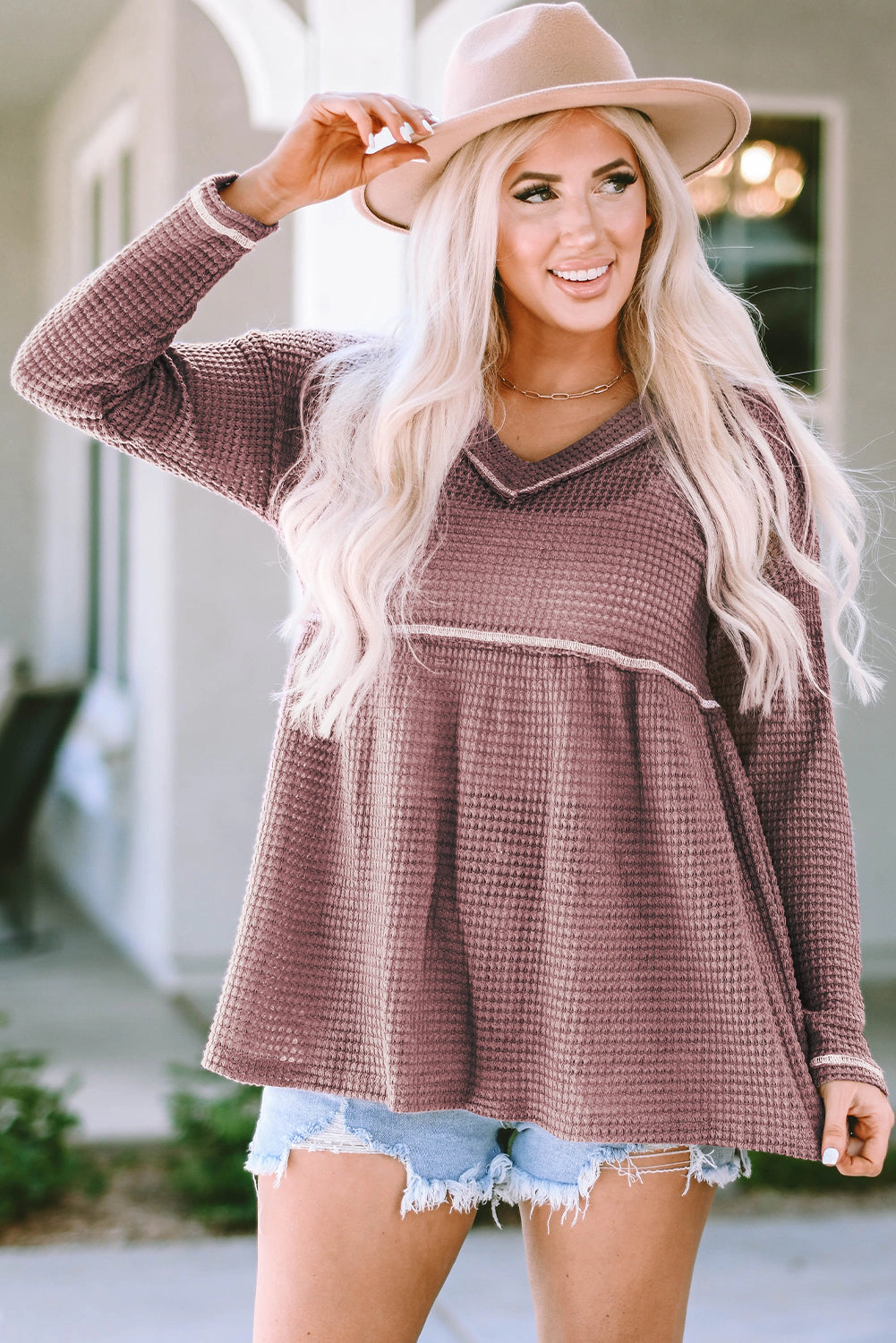 Threaded Pear Liana Waffle Knit V Neck Long Sleeve Babydoll Top
