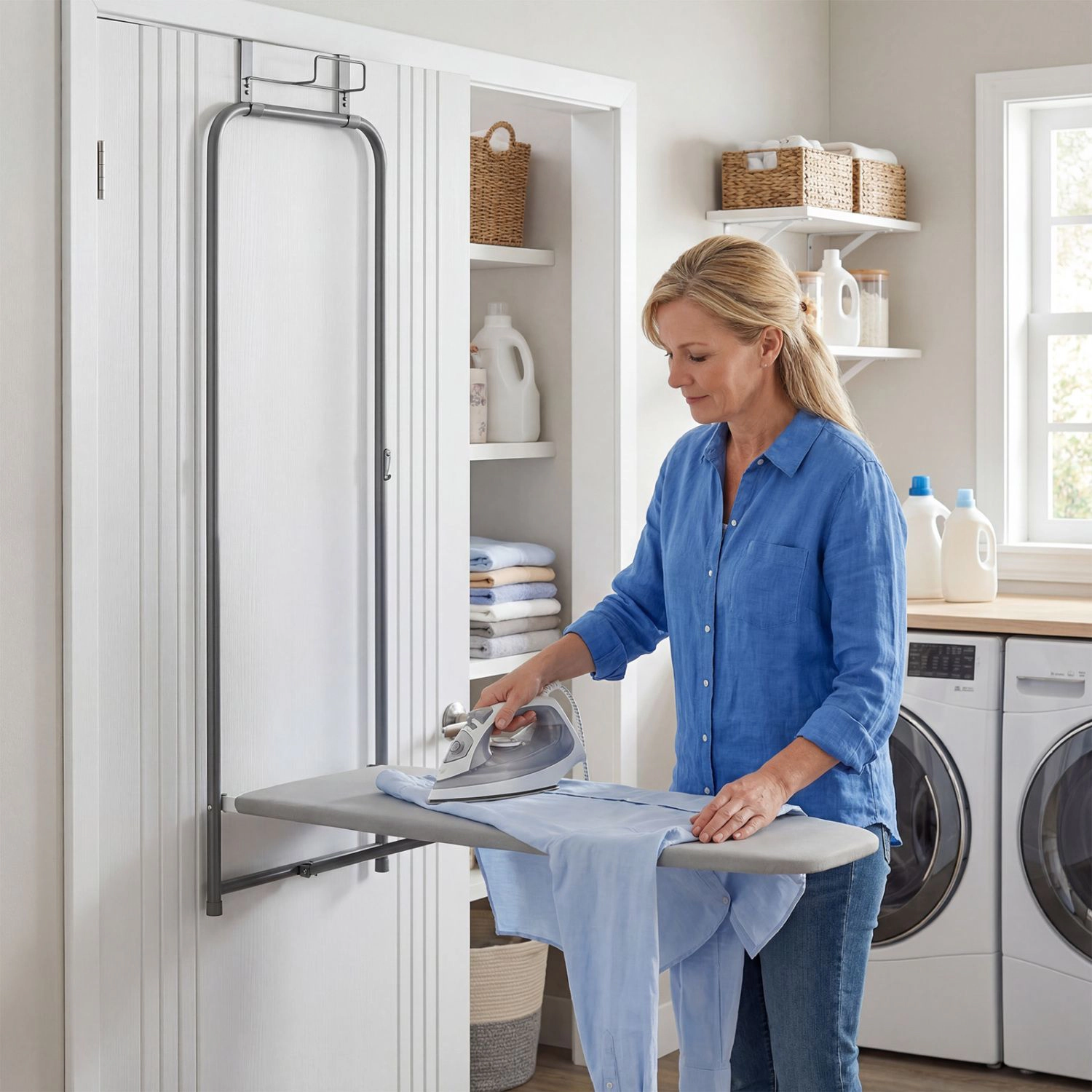 SlickBlue Gray Folding Ironing Board with Iron Holder and Door Hooks, Space Saving