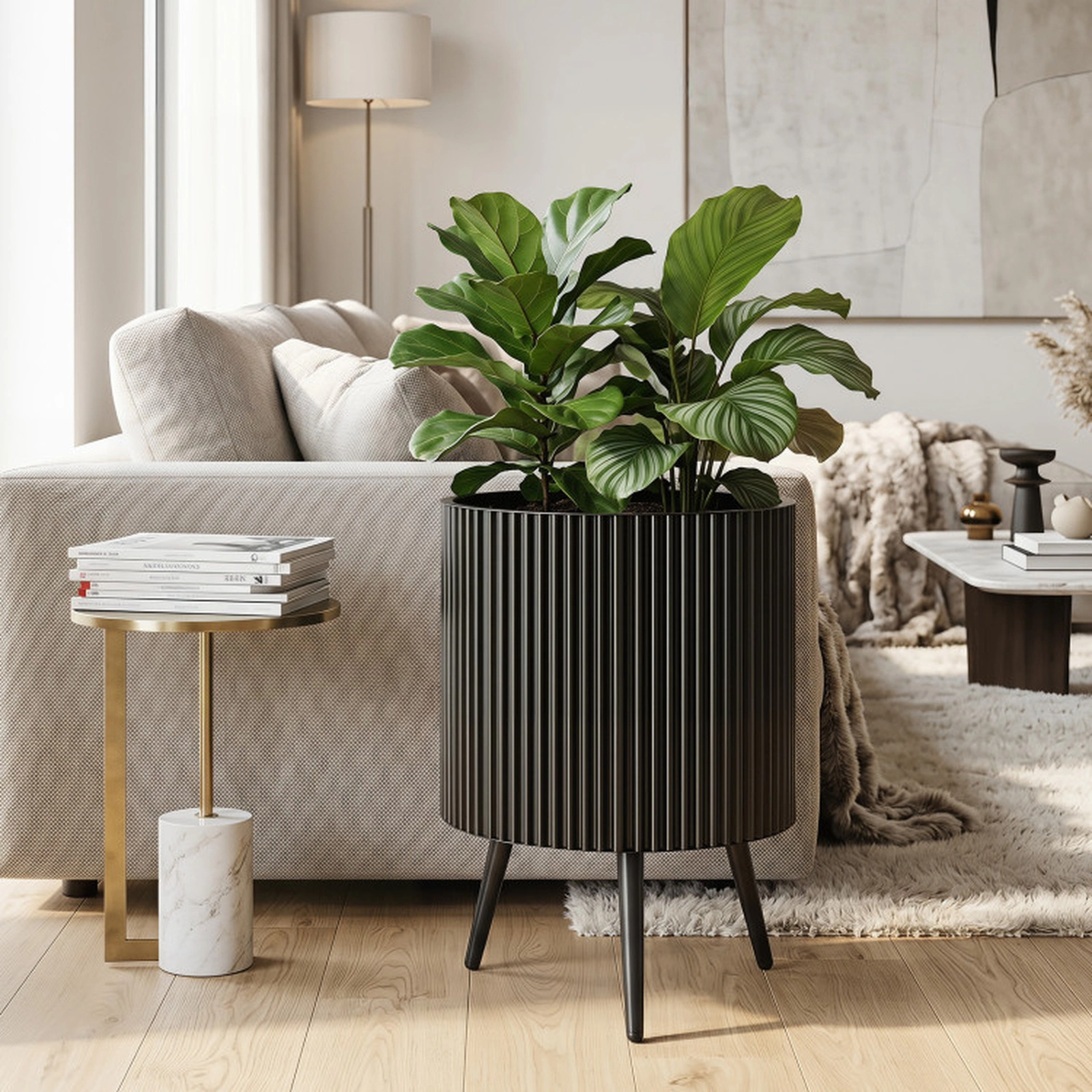 SUGIFT Black Fluted Metal Plant Pot with Stand and 3 Tapered Legs 16.5-in Dia 22-in H 110-lb Pot Capacity