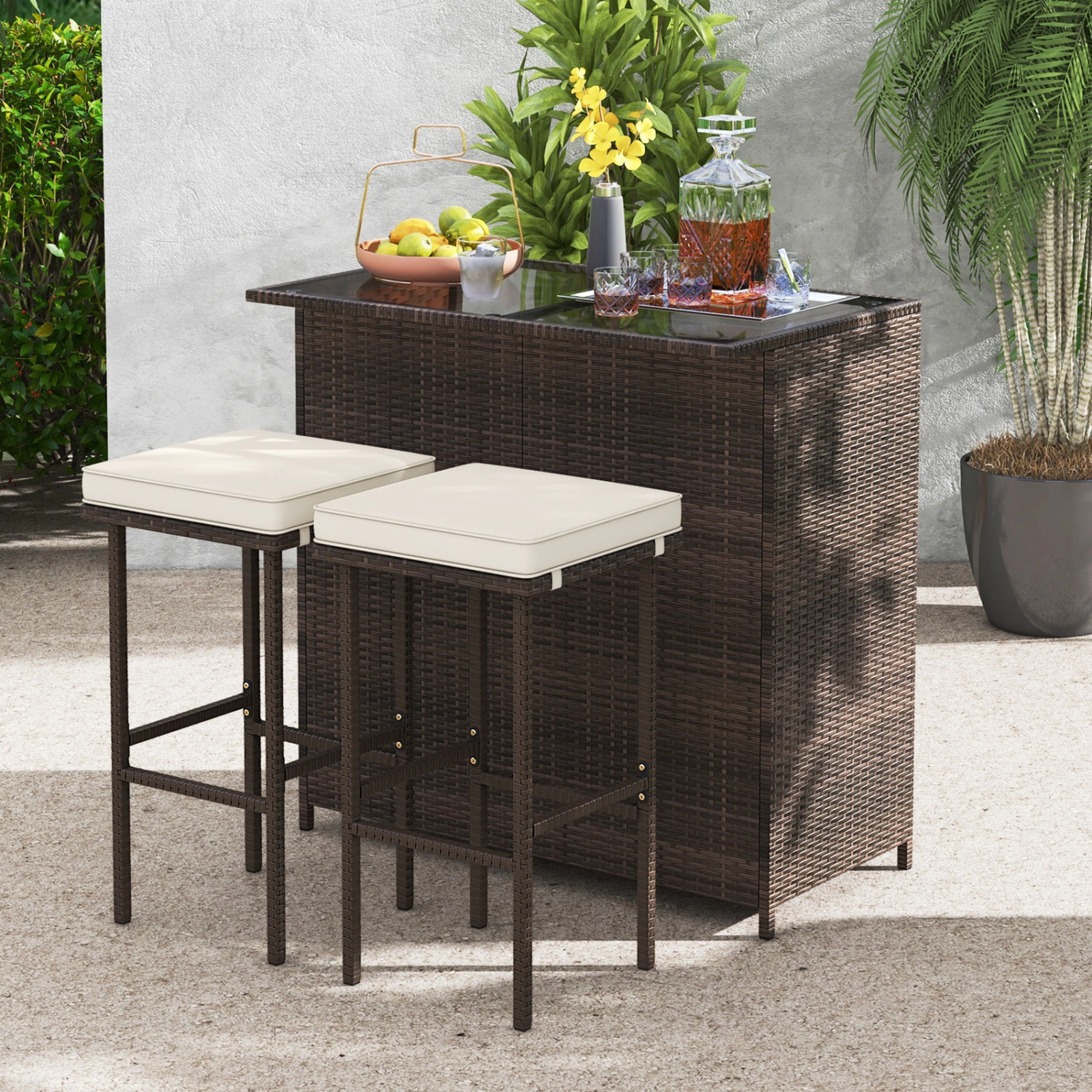 SUGIFT 3-Piece Rattan Wicker Bar Set with Bar Table and Cushioned Stools 360-lb Chair Capacity As the Picture Shows