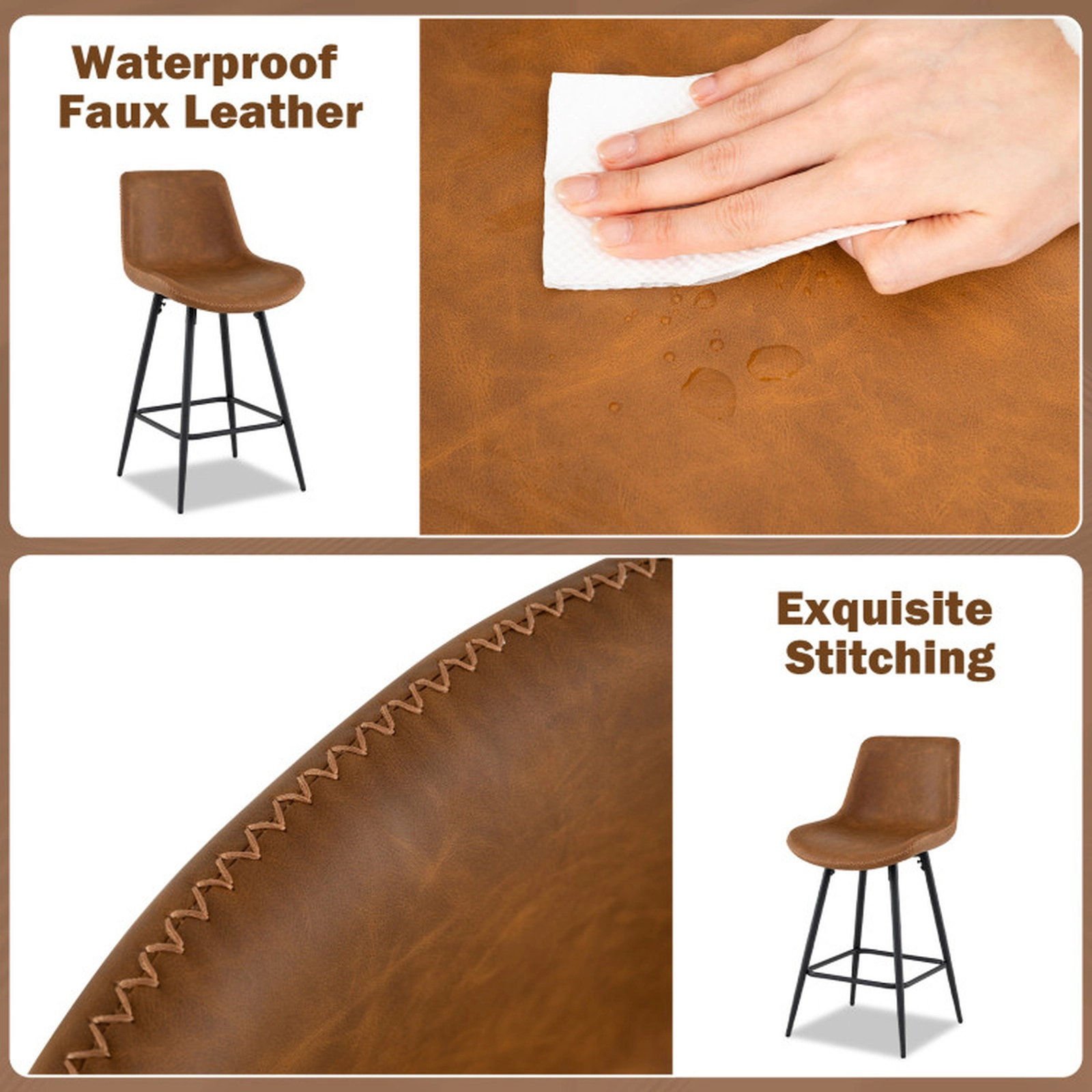 SUGIFT Brown Curved Backs Faux Leather Seats and Footrests Set of 4 24 Inch Bar Stool