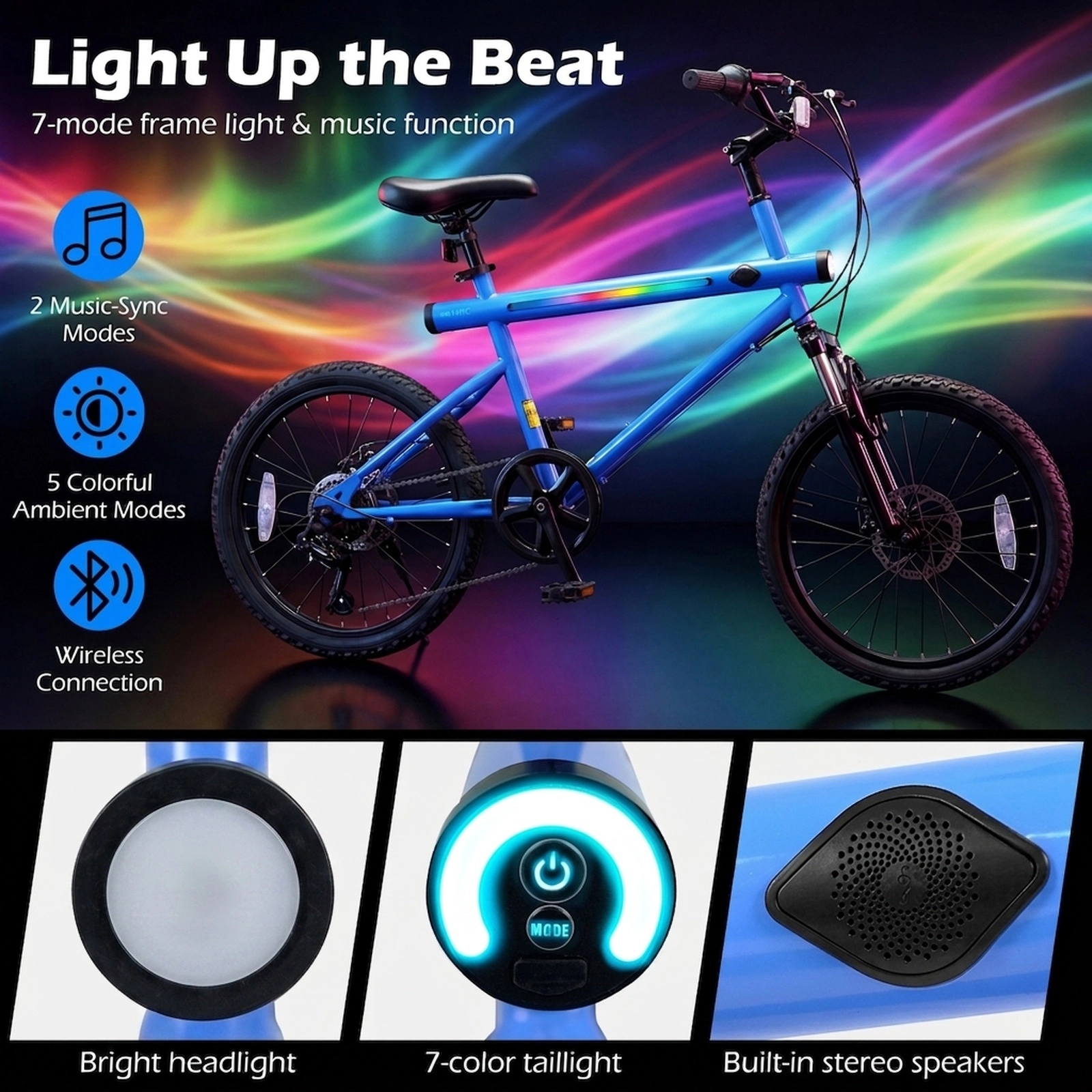 20-in Mountain Bike 6-Speed Twist Shifter Dual Disc Brakes Front Suspension Fork LED Frame Lights Ages 13+ Blue