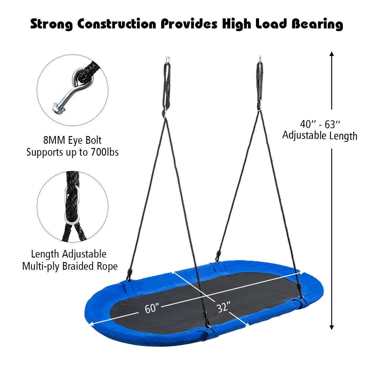 SUGIFT Kids Blue Outdoor Oval Saucer Swing with Adjustable Ropes 60-in W 32-in D 40-in to 63-in H 700-lb Swing Capacity