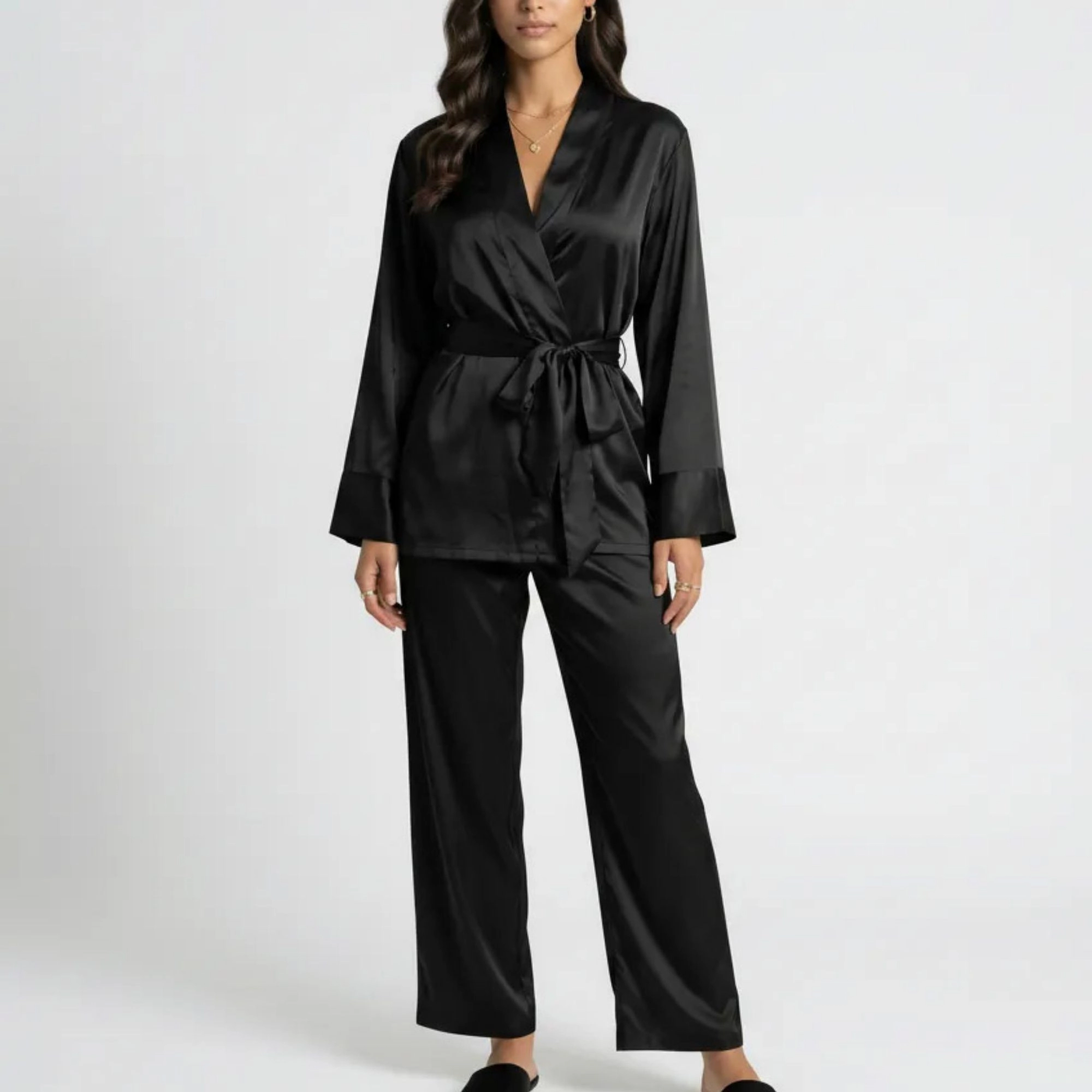 Anna-Kaci Women's 2-Piece Satin Wrap Long Sleeve Belted Top and Wide Leg Pants