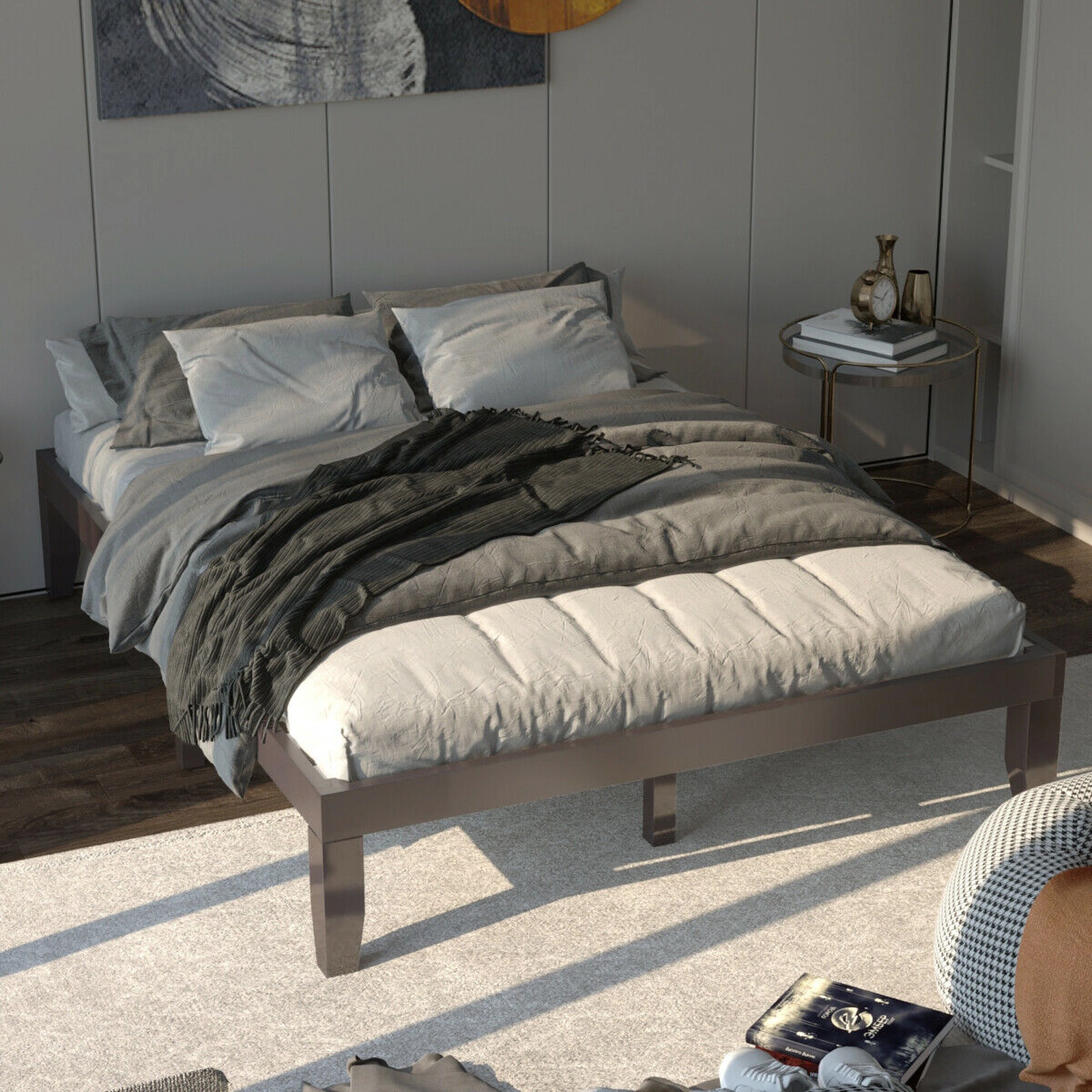 SUGIFT Queen Solid Wood Platform Bed Frame, 14-Inch, 14 Slats, 600-Lb Capacity, Brown