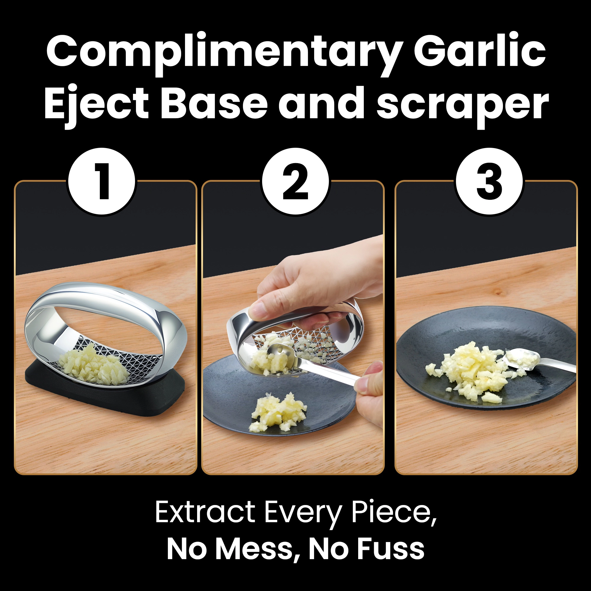 Gourmet Easy Garlic Press Rocker, Stainless Steel Garlic Crusher with Eject Base, Garlic Grinder