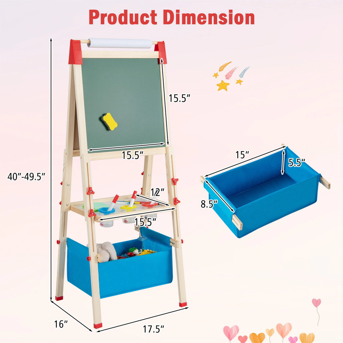 SUGIFT 3-in-1 Double-Sided Adjustable Kid Easel Magnetic Chalkboard & Whiteboard 40-49.5-in Tall Ages 3-8 Natural + Blue
