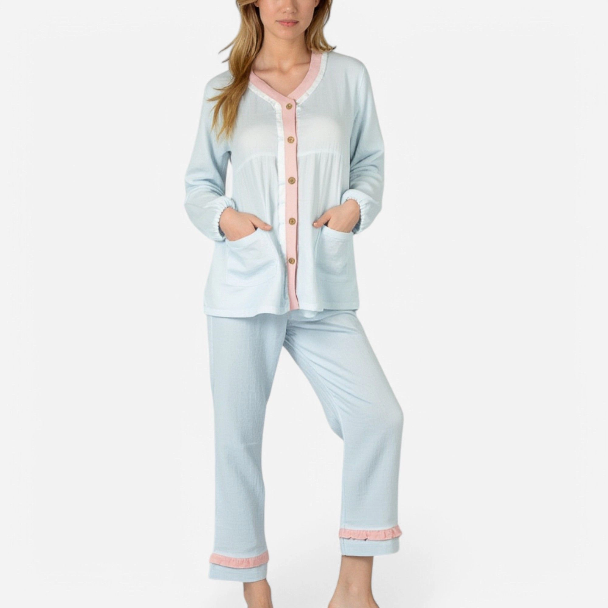 Anna-Kaci Women's Long Sleeve Button Up Pajama Set with Ruffle Trim and Front Patch Pockets
