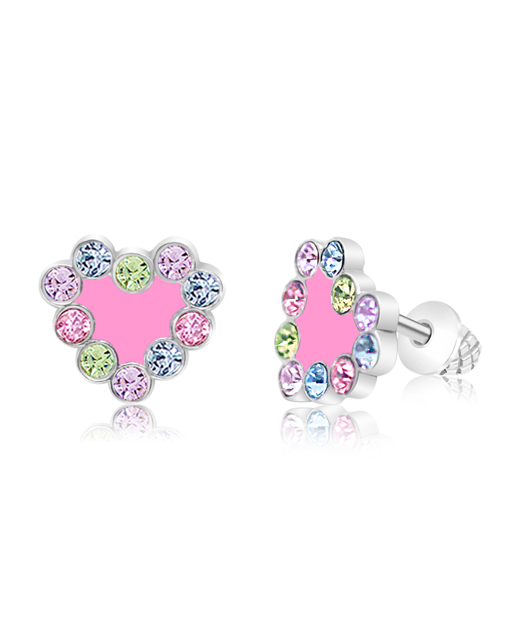 CHANTEUR Girls Heart Pink Crystal Stud Earrings - White Gold Palladium Finish, Surgical Steel Screw Back, Sensitive-Ear Friendly