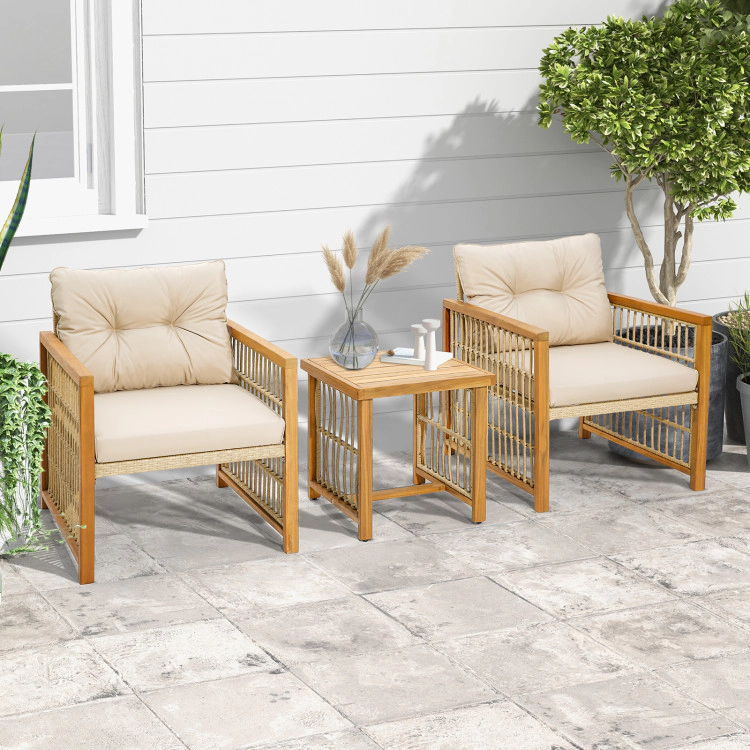 Hivvago 3 Pieces Patio Pe Wicker Conversation Set With Acacia Wood Frame And Cushions