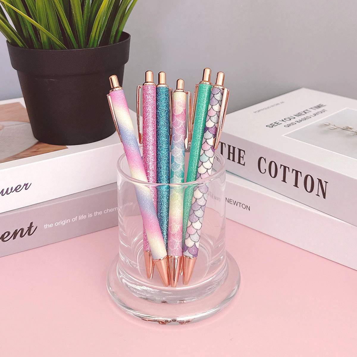 Wrapables Glitter Ballpoint Pens for Women, 1.0mm Medium Point Retractable Metal Pens, Set of 6