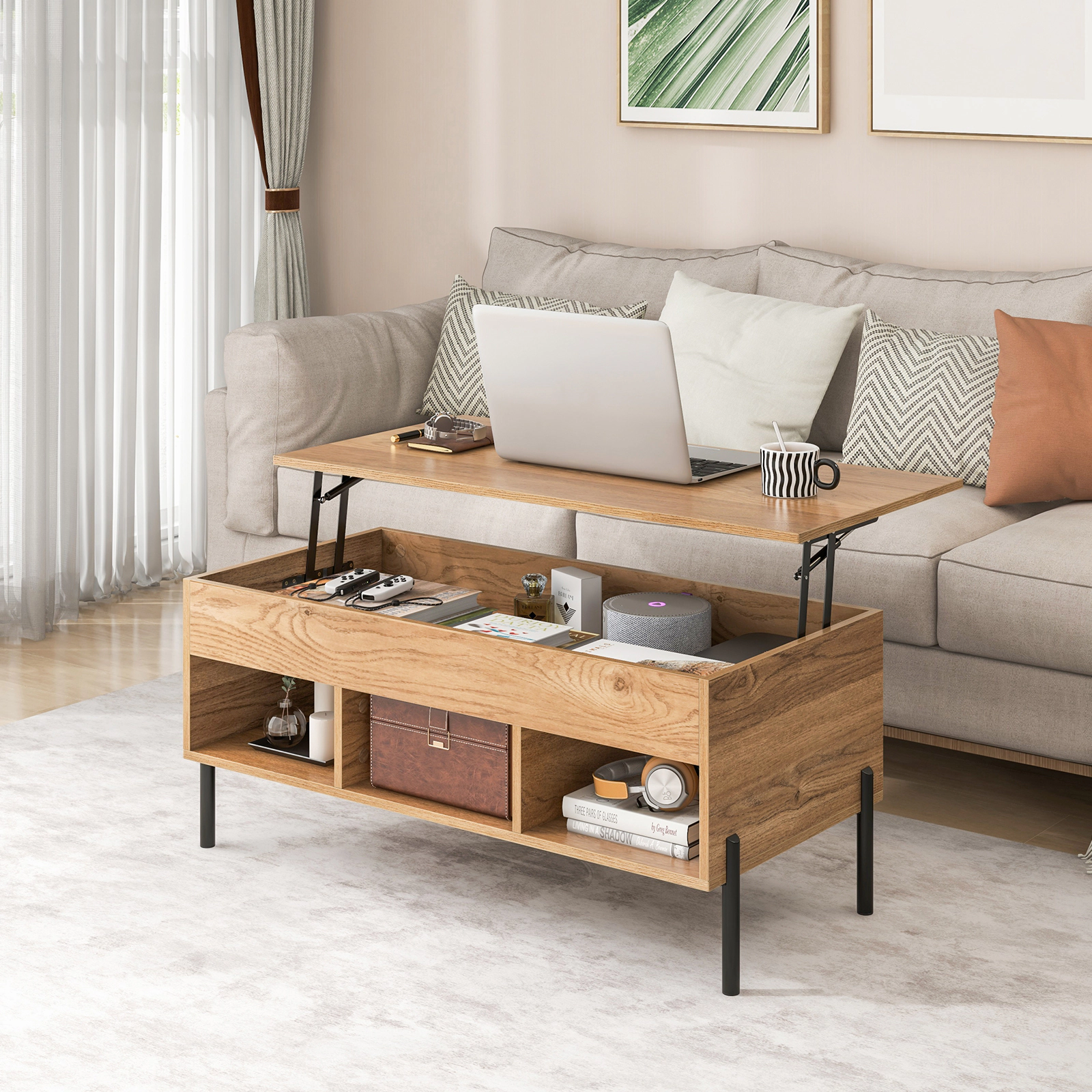 Glintex 39.5-Inch Lift-Top Coffee Table with 3 Open Cubbies and Metal Legs, Natural