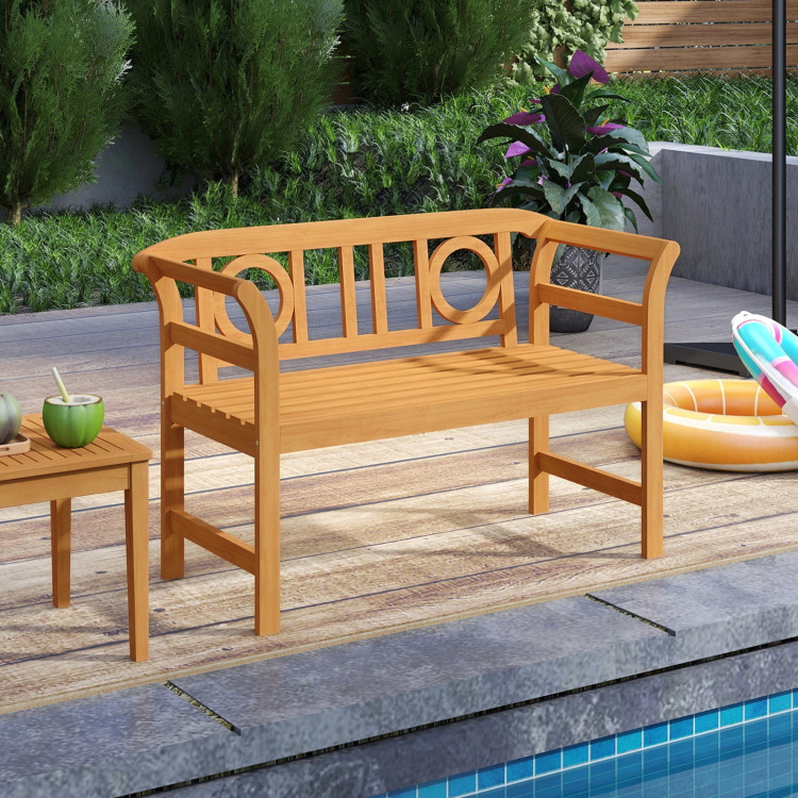SUGIFT Natural Geometric Backrest 2-Person Acacia Wood Patio Loveseat Garden Bench