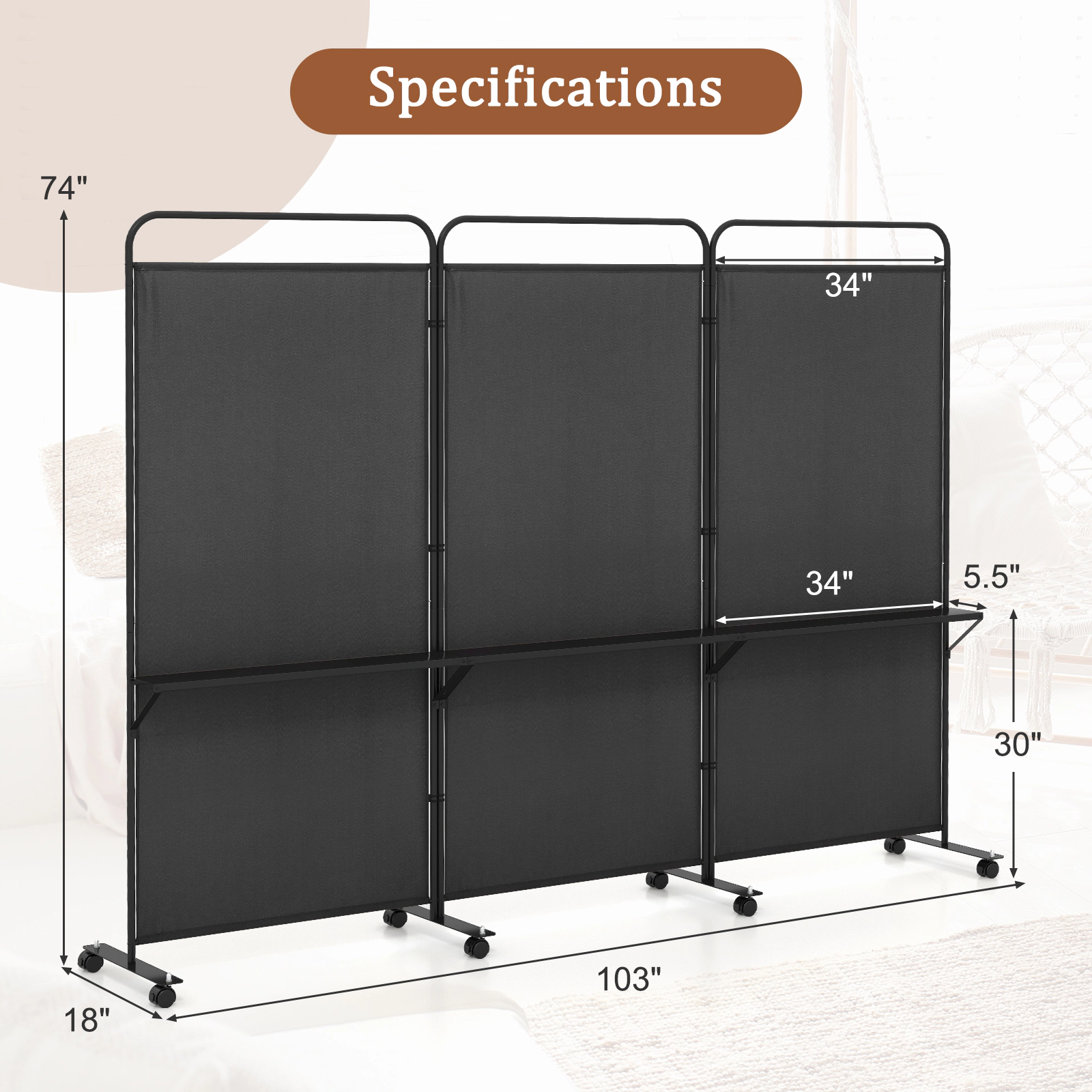 SUGIFT 3-Panel Folding Polyester Fabric 3 Metal Shelves Room Divider Screen 103-in x 18-in x 74-in 8 Wheels Black