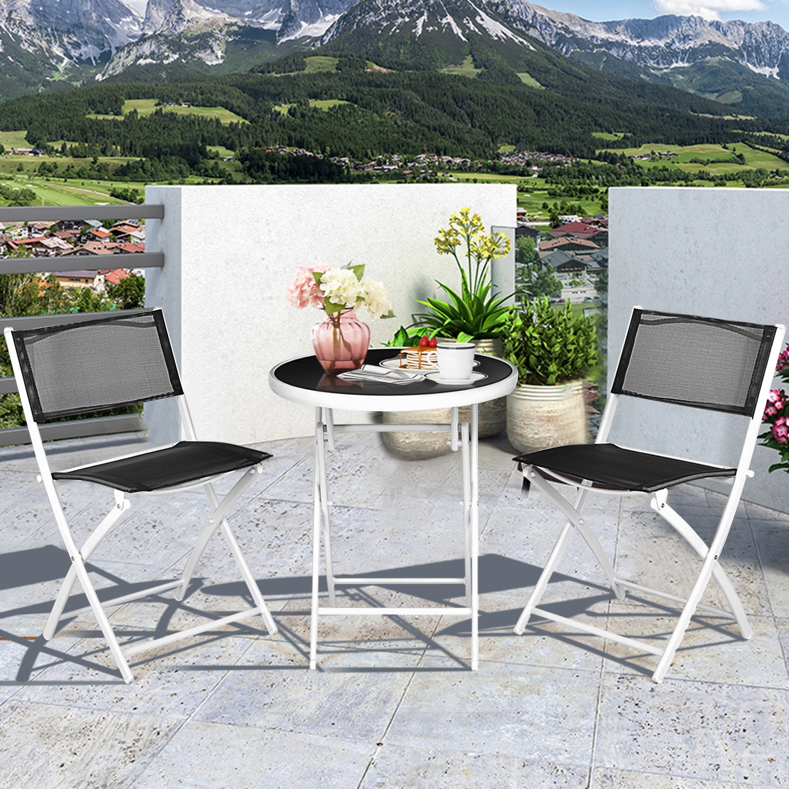 SUGIFT 3-Piece Folding Patio Conversation Bistro Set Glass Top Coffee Table 265-lb Chair Capacity 24 x 28 in Table Black