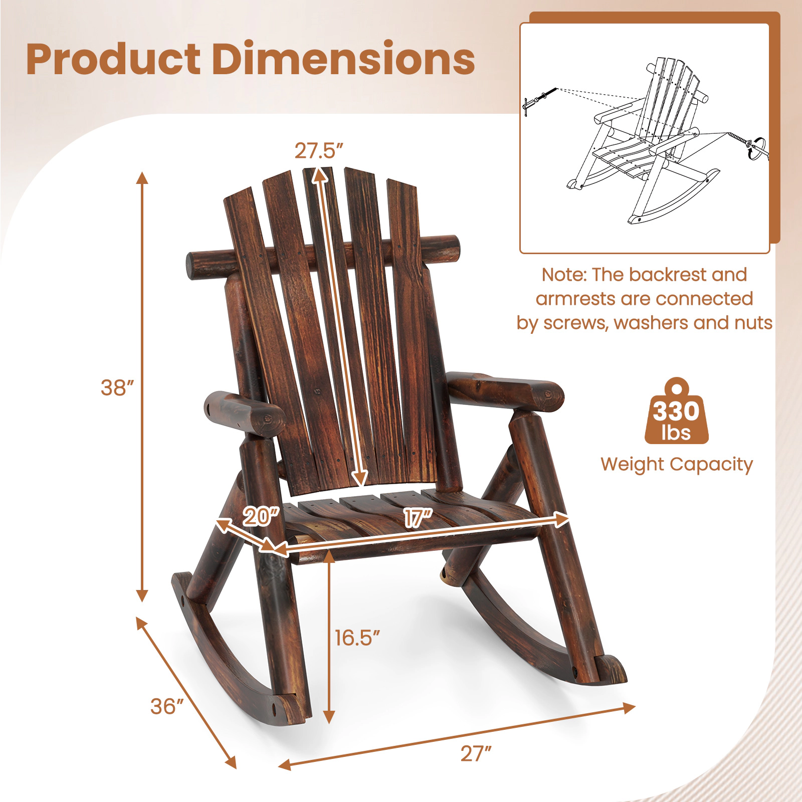 SUGIFT Outdoor Adirondack Rocking Chair for Adults 330-lb Capacity Brown/Natural