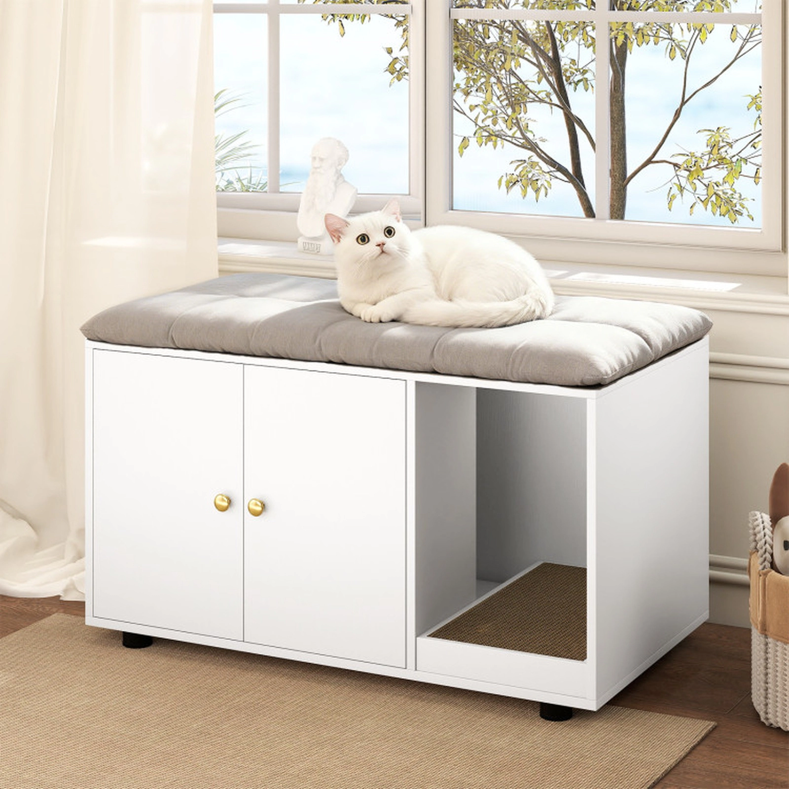 SUGIFT 35.5 x 20-in 88-lb Capacity White Wooden Hidden Litter Box Enclosure Furniture with Removable Scratching Board