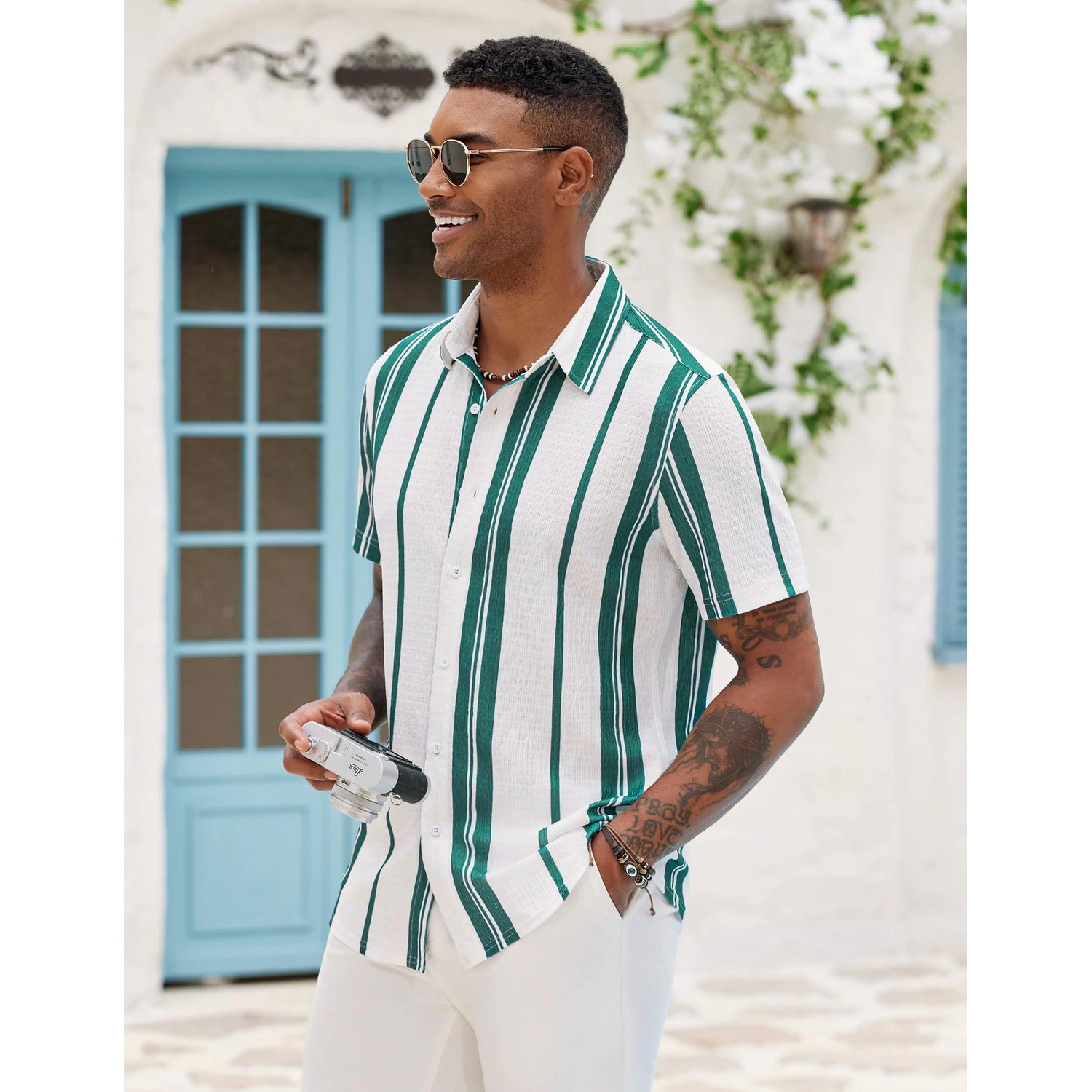 COOFANDY Mens Short Sleeve Button Down Shirts  Casual Pintuck Tops Shorts Set