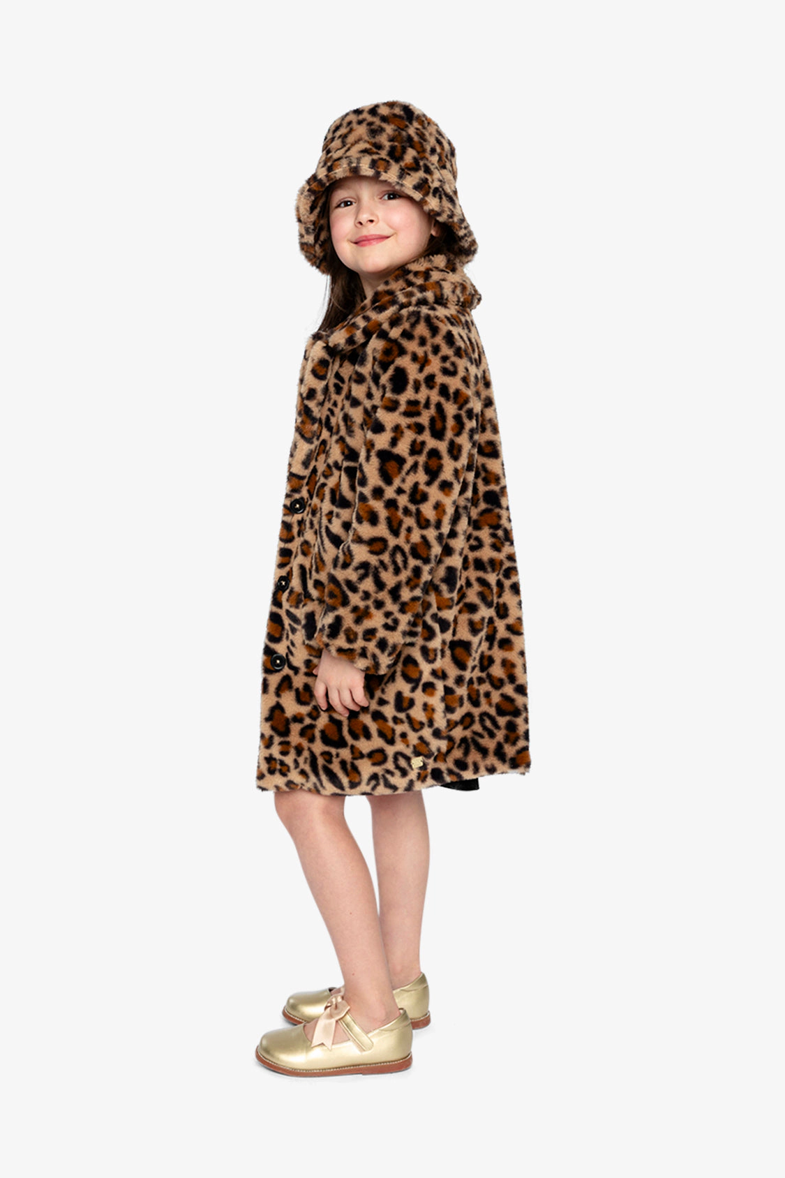 Deux par Girls Button Front Leopard Print Faux Fur Long Coat with Side Pockets