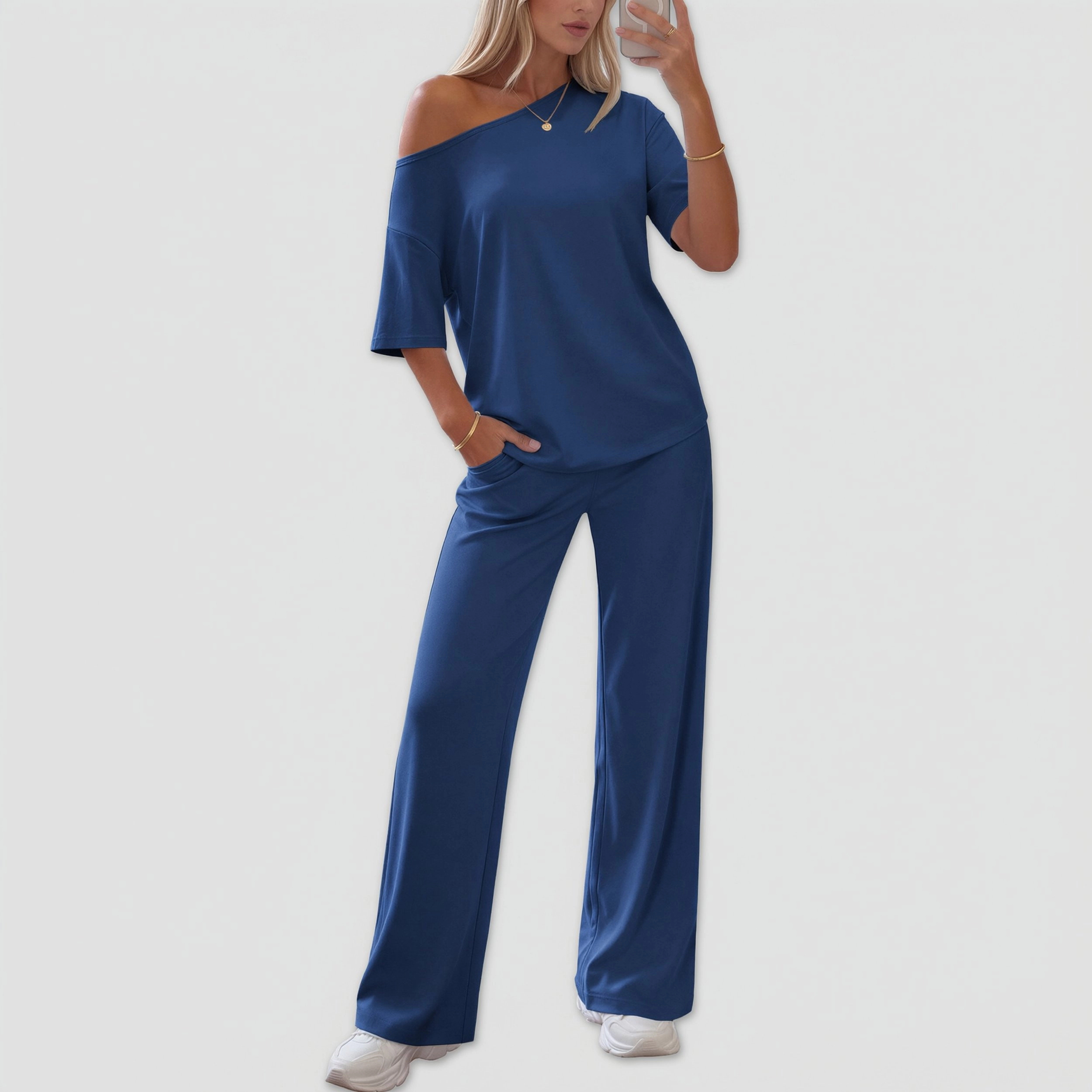 Ekouaer Lounge Sets Off Shoulder Tops and Long Pants Two Piece Set Summer Soft Matching Outfit