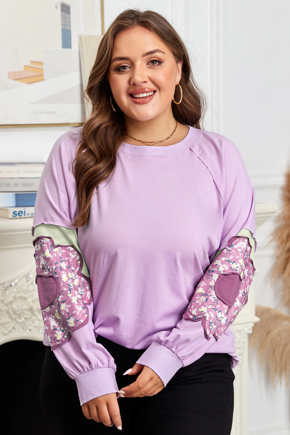 Threaded Pear Women's Phalaenopsis Flower Patch Colorblock Plus Pullover Top