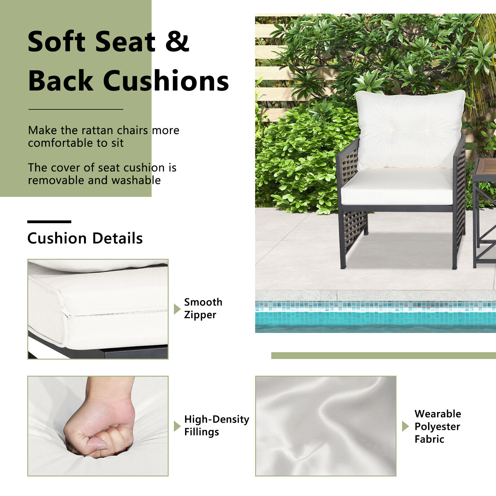 SUGIFT Acacia Wood Tabletop and Thick Back Cushions 3-Piece White Patio Rattan Set