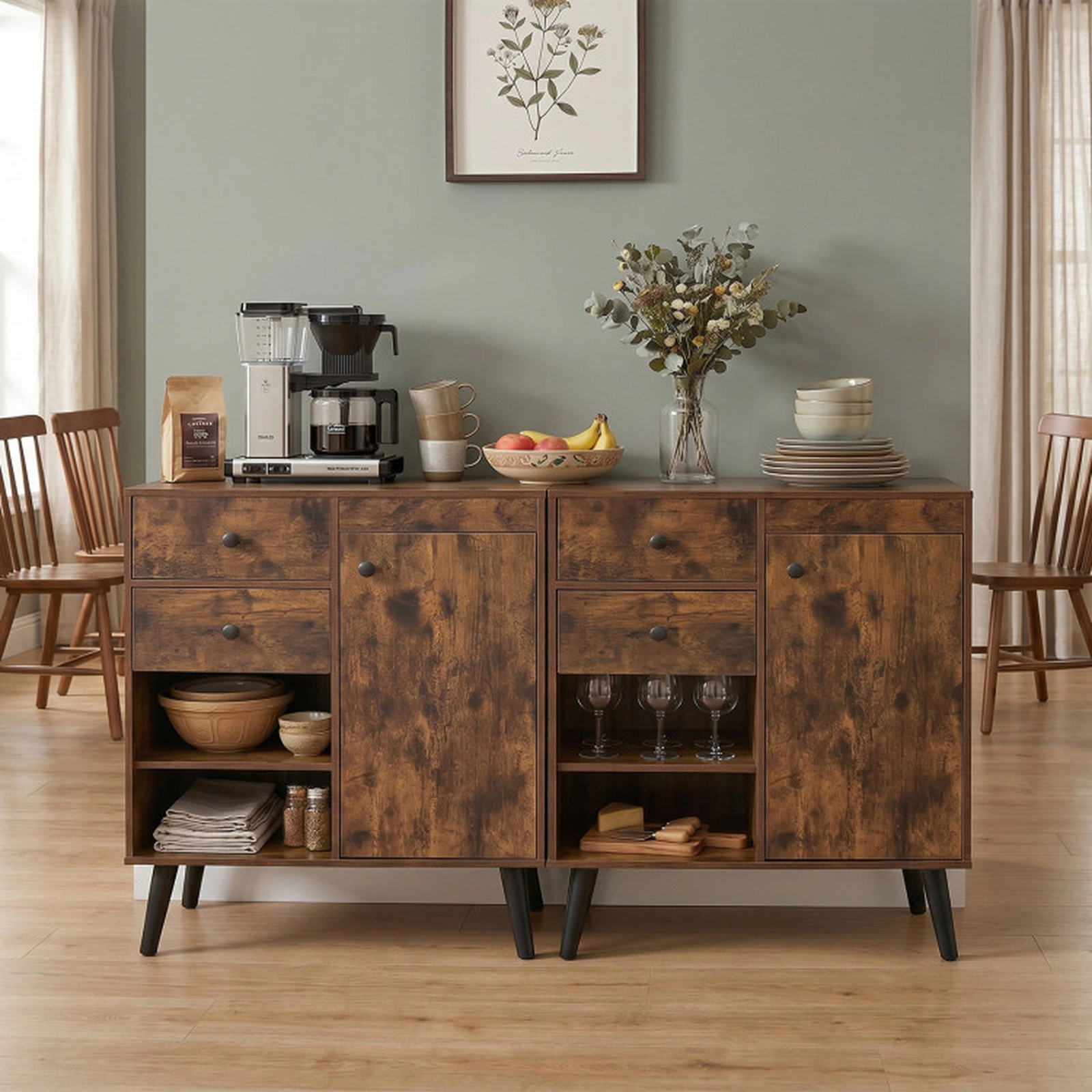 SUGIFT Set of 2 31-in 135-lb Capacity Rustic Brown Buffet Sideboard Cabinets with 2 Drawers and Open Compartments