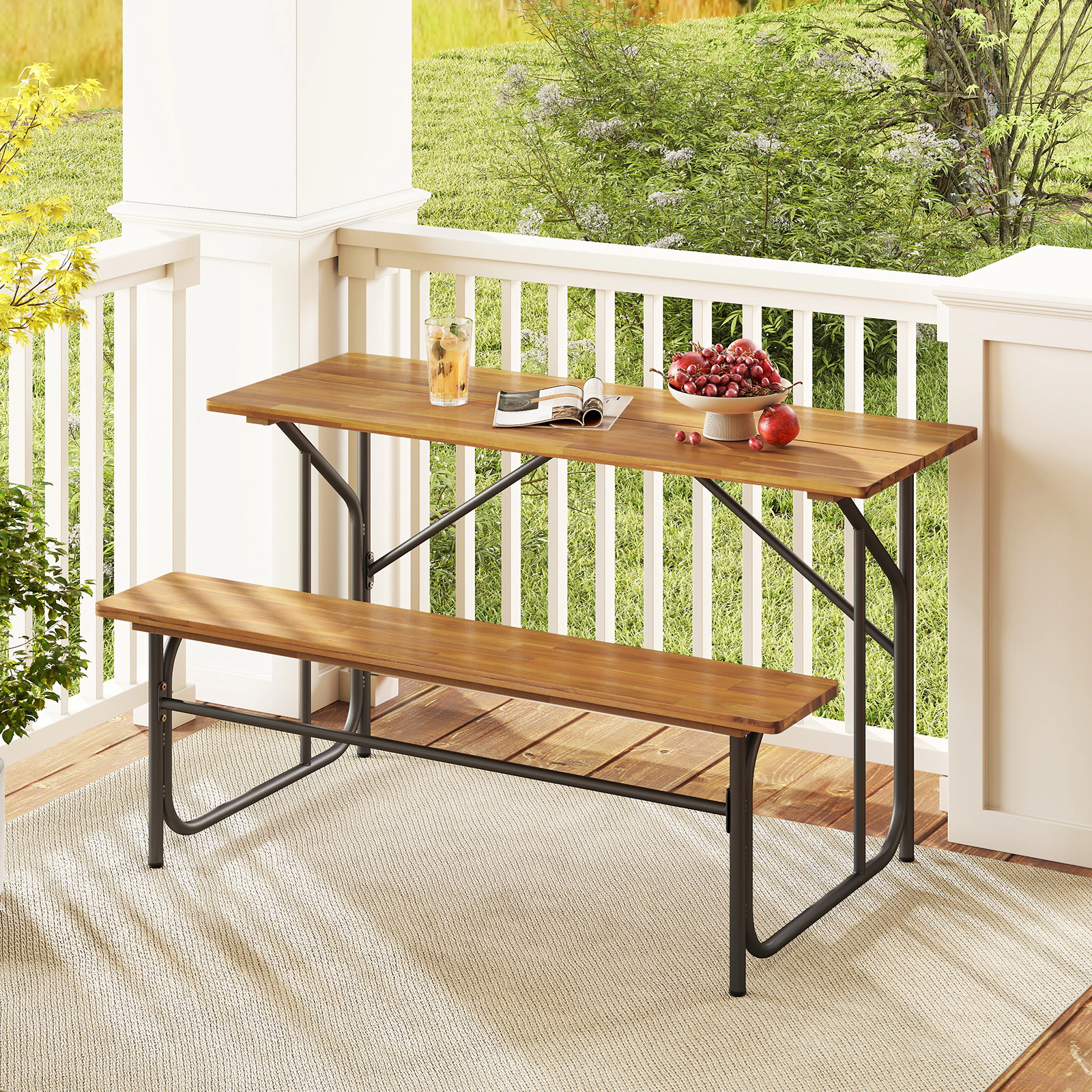 SUGIFT One-Side Picnic Table Bench Set for 2 Acacia Wood Patio Table with Metal Frame