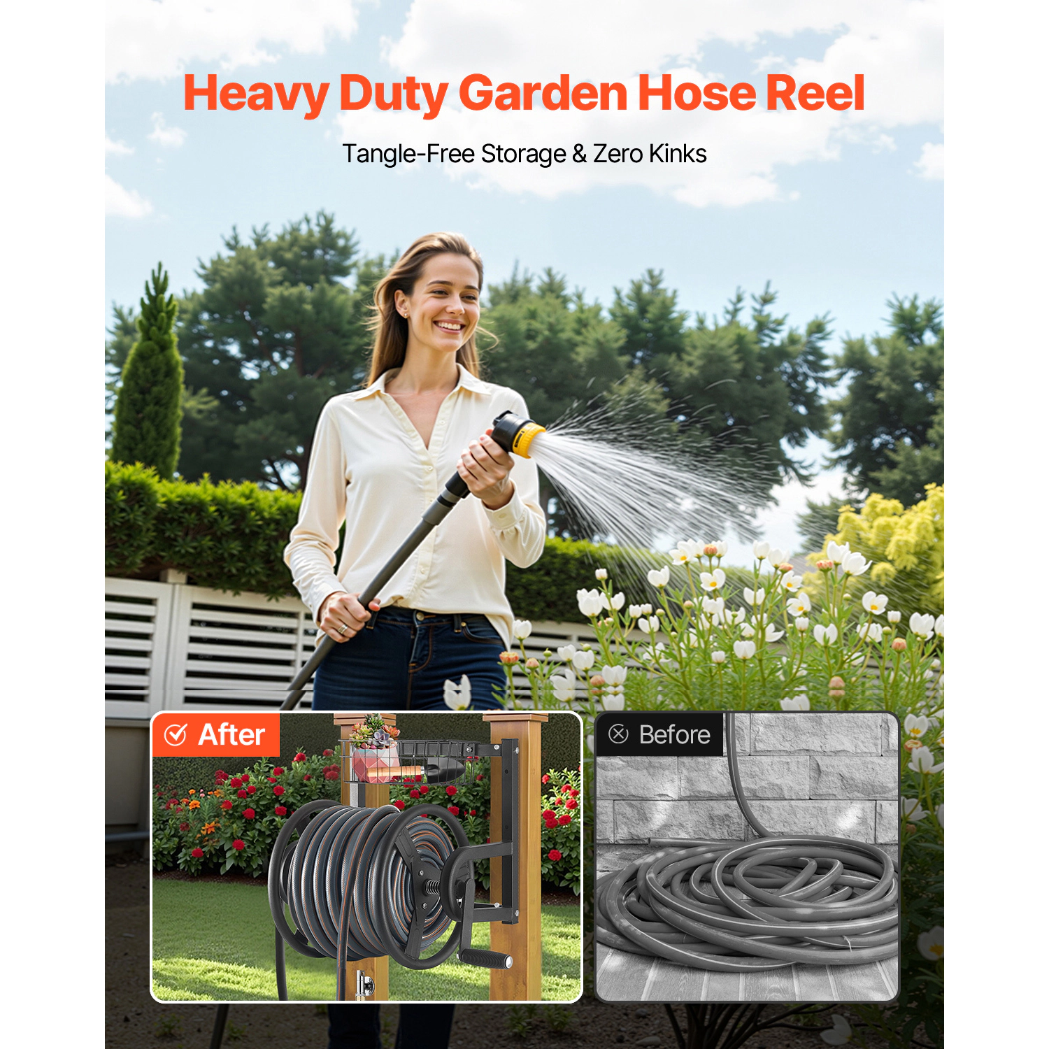 HONGGE Heavy-Duty Wall Mounted Garden Hose Reel Holds 5/8-inch Hose Outdoor Winder