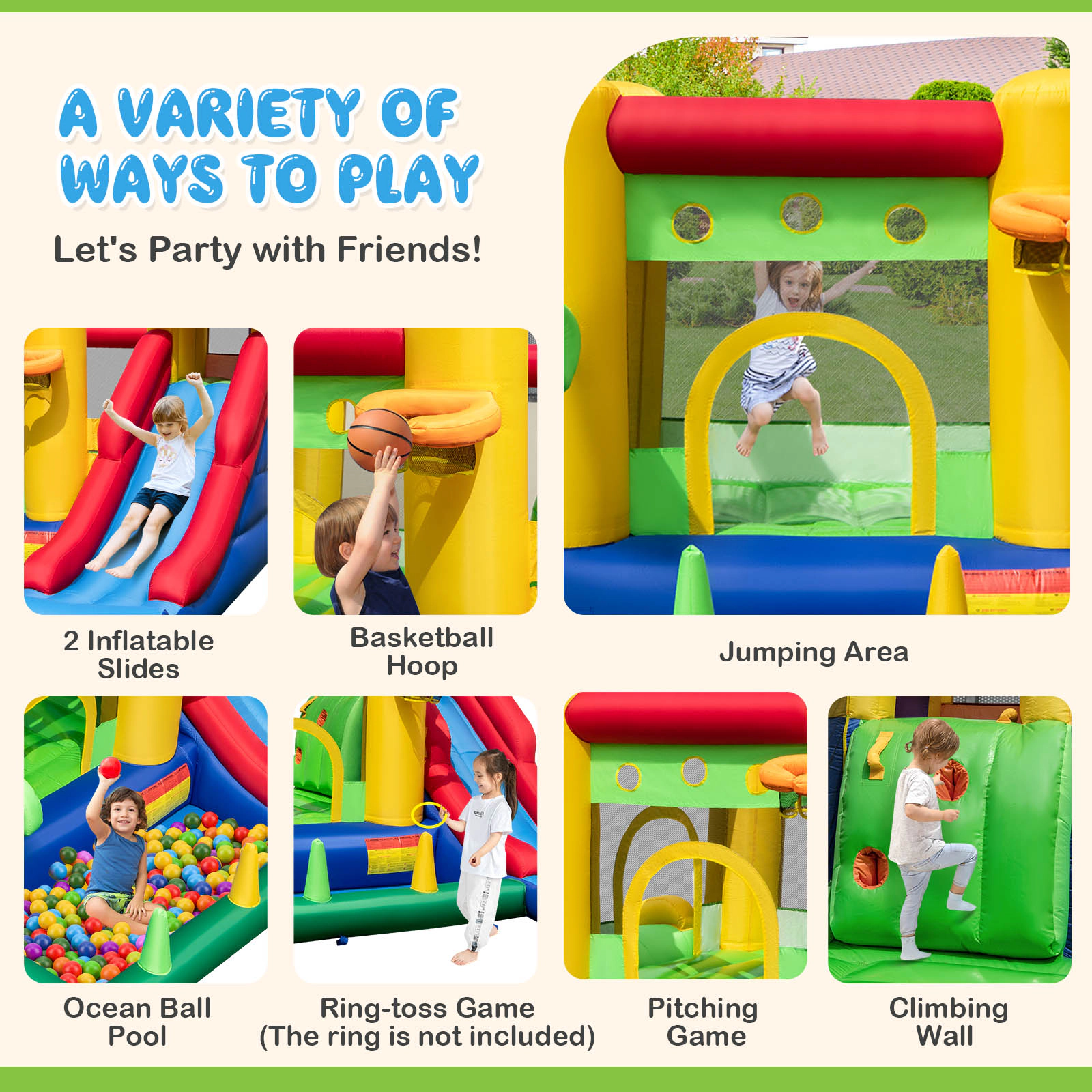 SUGIFT 5-in-1 Inflatable Bounce Castle with Double Slides and Climbing Wall 200-lb Capacity Ages 3-10 Multicolor
