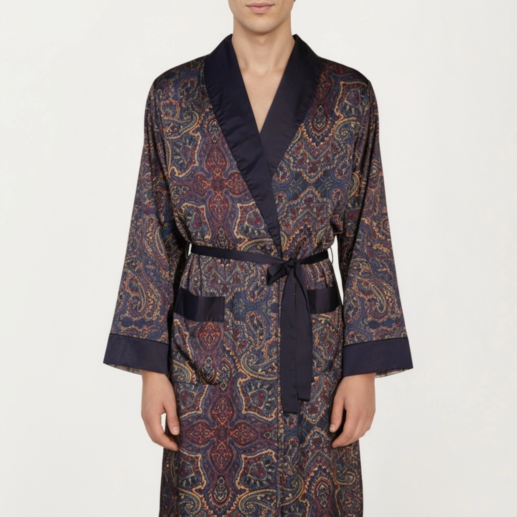 Anna-Kaci Men's Paisley Print Satin Robe with Contrast Trim Shawl Collar and Waist Tie