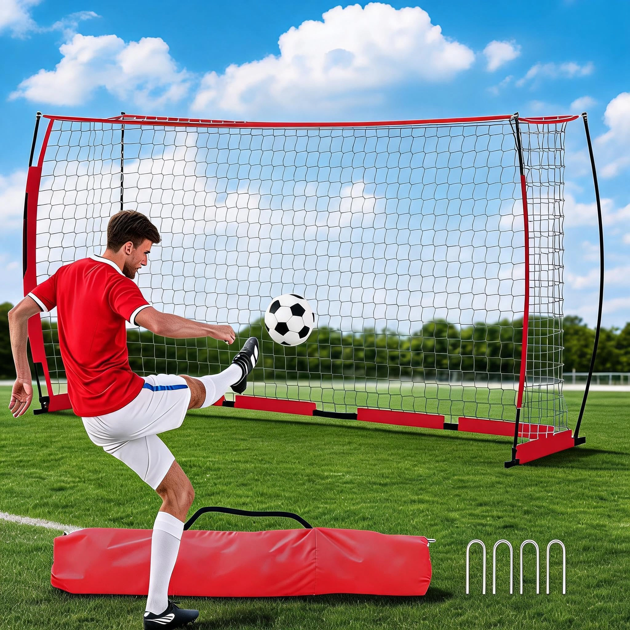 12x6 FT Soccer Goal with Rebounder Net, Portable Training Goal, Iron Frame PE Net & Ground Stakes