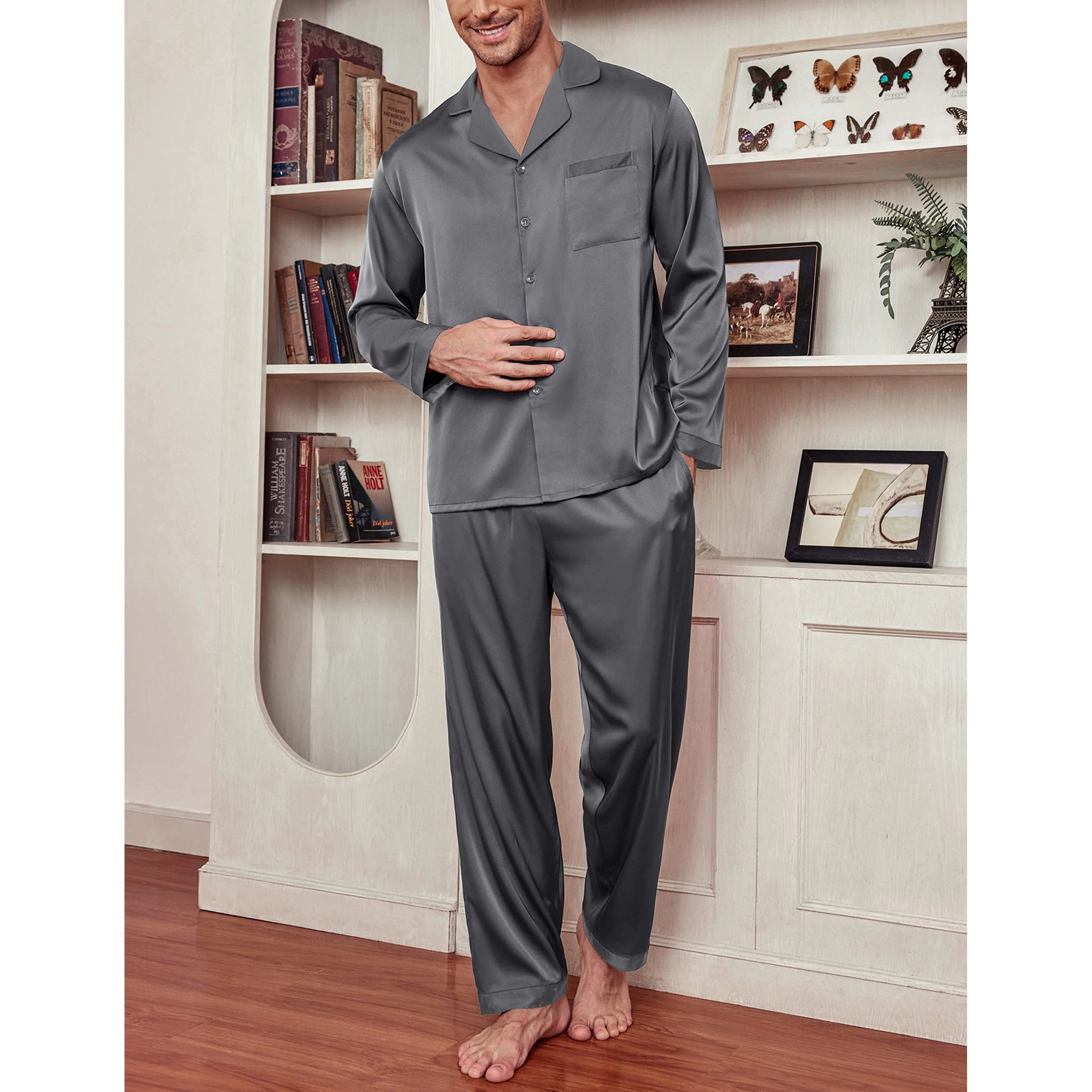 Ekouaer Mens Pajama Set Long Satin Loungewear Two Piece Pajamas Classic Button Down Sleepwear