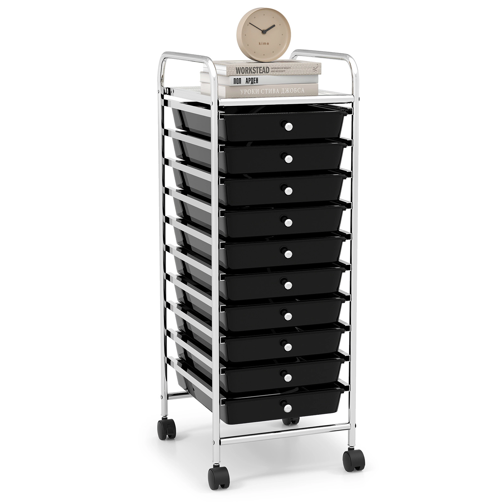 SUGIFT Black 13-in 10-Drawer Slim Rolling Cart Narrow Office Organizer with Pull-Out Trays and Wheels