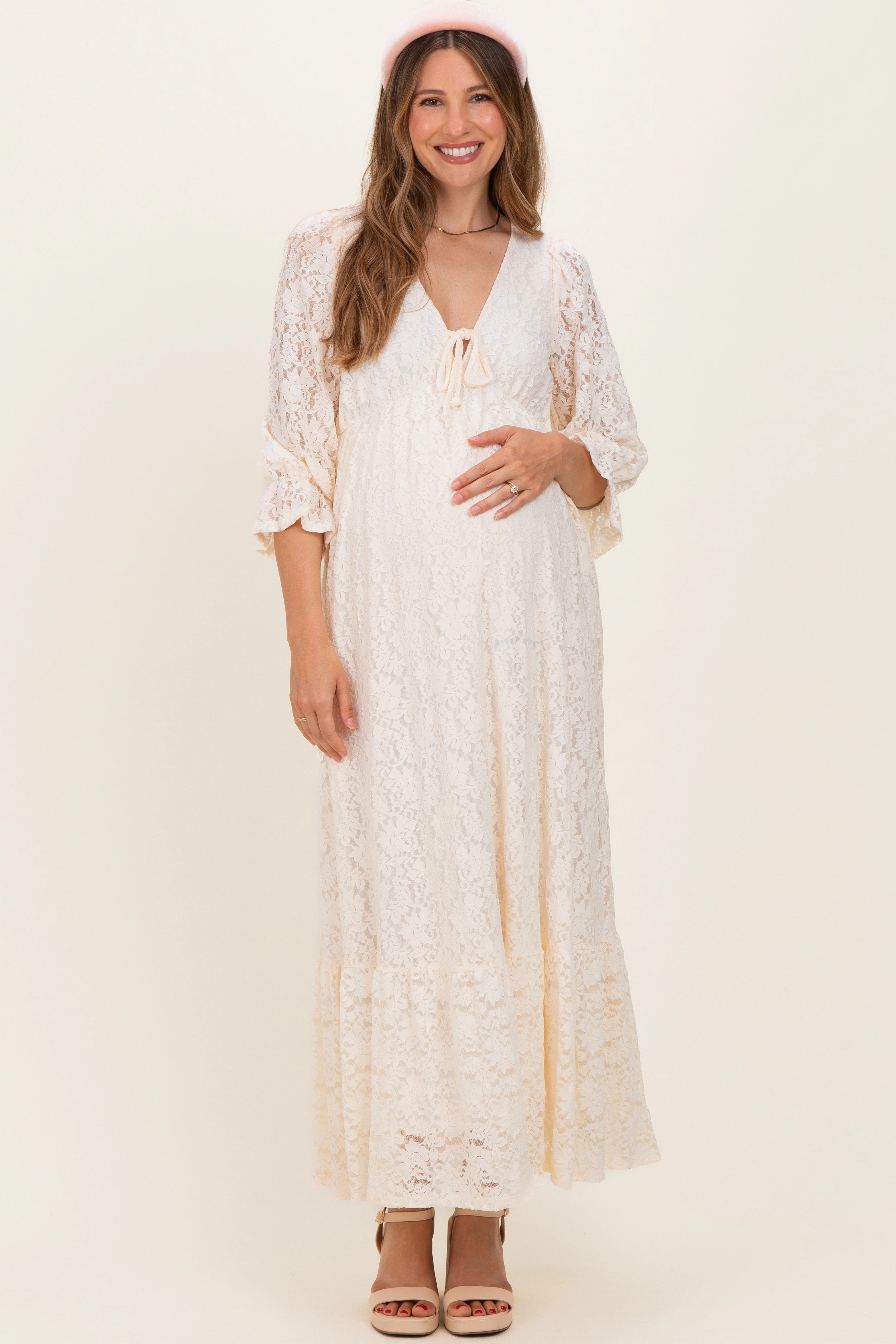 PinkBlush Womens Ivory Floral Lace 3/4 Ruffle Sleeve V-Neck Maternity Maxi Dress