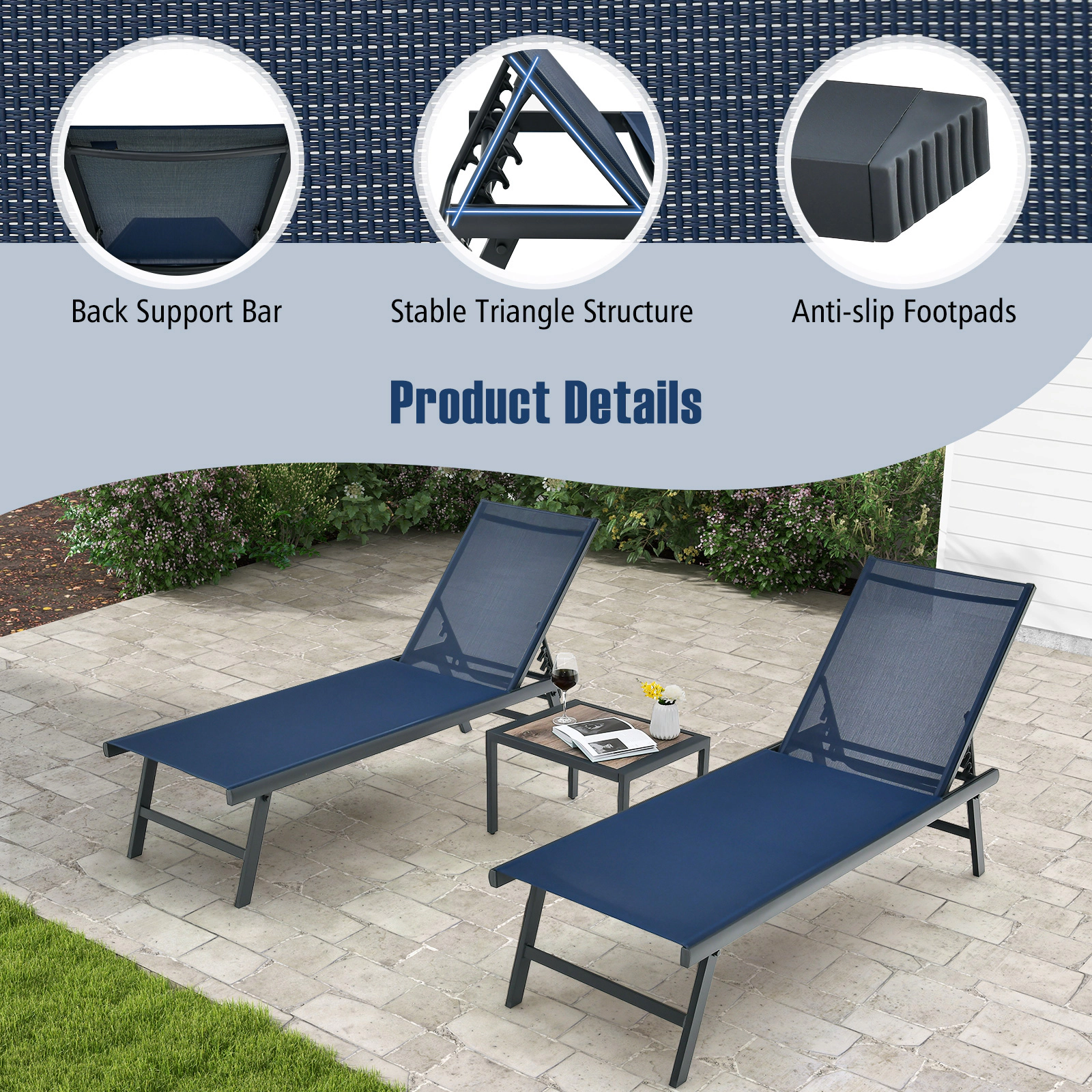SUGIFT 3 Piece Patio Chaise Lounge Set Navy with Coffee Table for Poolside