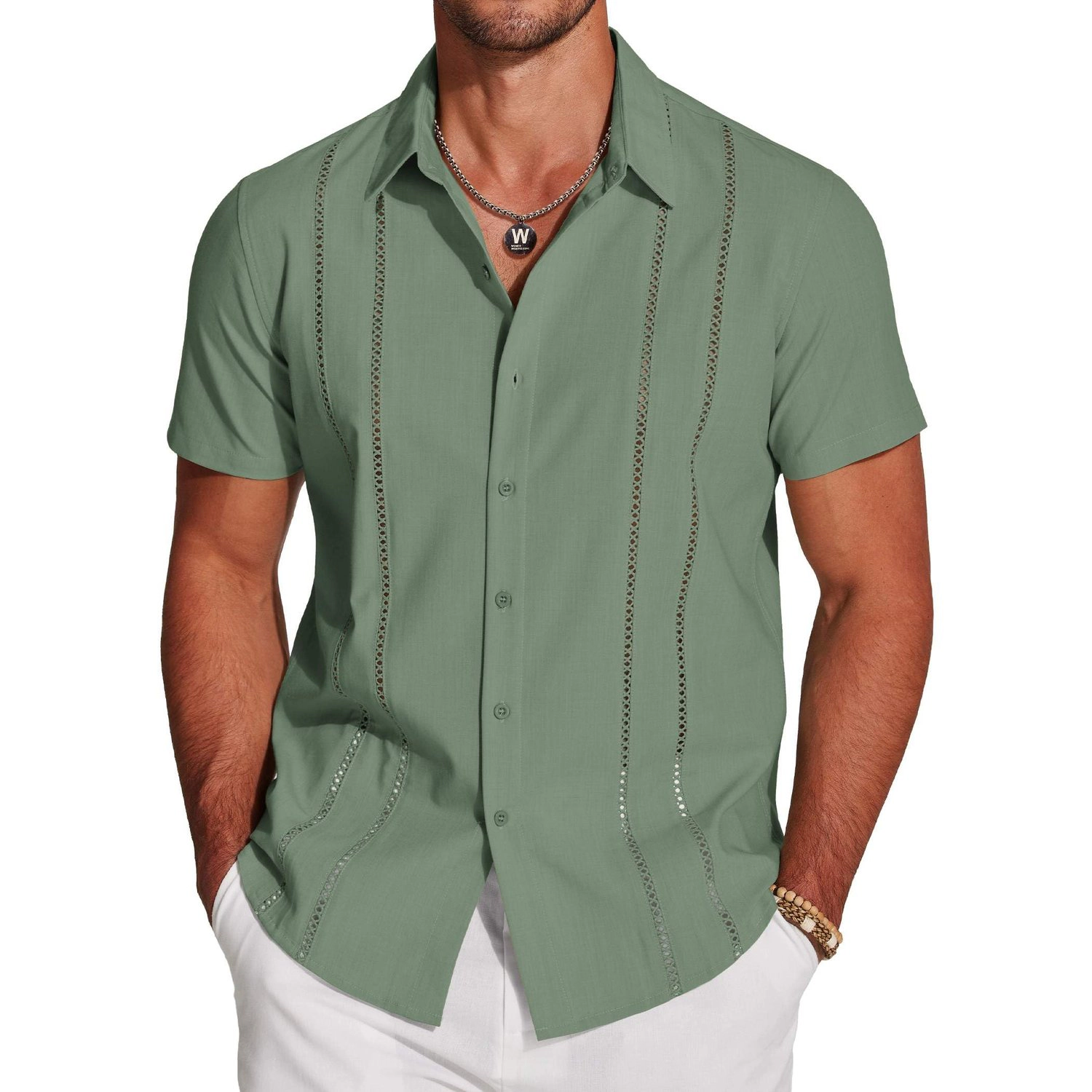 COOFANDY Mens Short Sleeve Button Down Shirts Dressy Lace Stripe Casual  Tops