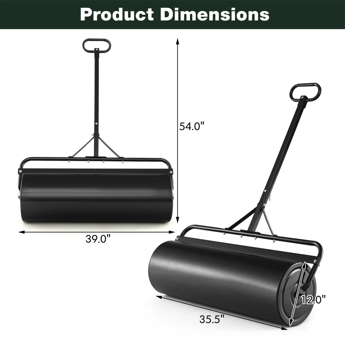 SUGIFT Black 17-gal Water Filled Lawn Roller Push Pull or Tow Behind Metal Drum with Detachable Handle