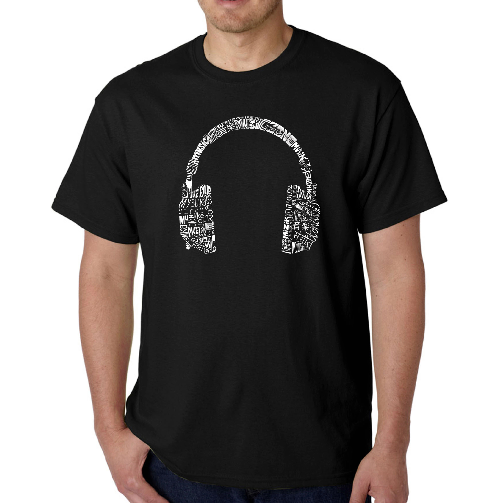 LA Pop Art Men's Music Word T-Shirt - Headphones Graphic, Grey, 3X-LARGE