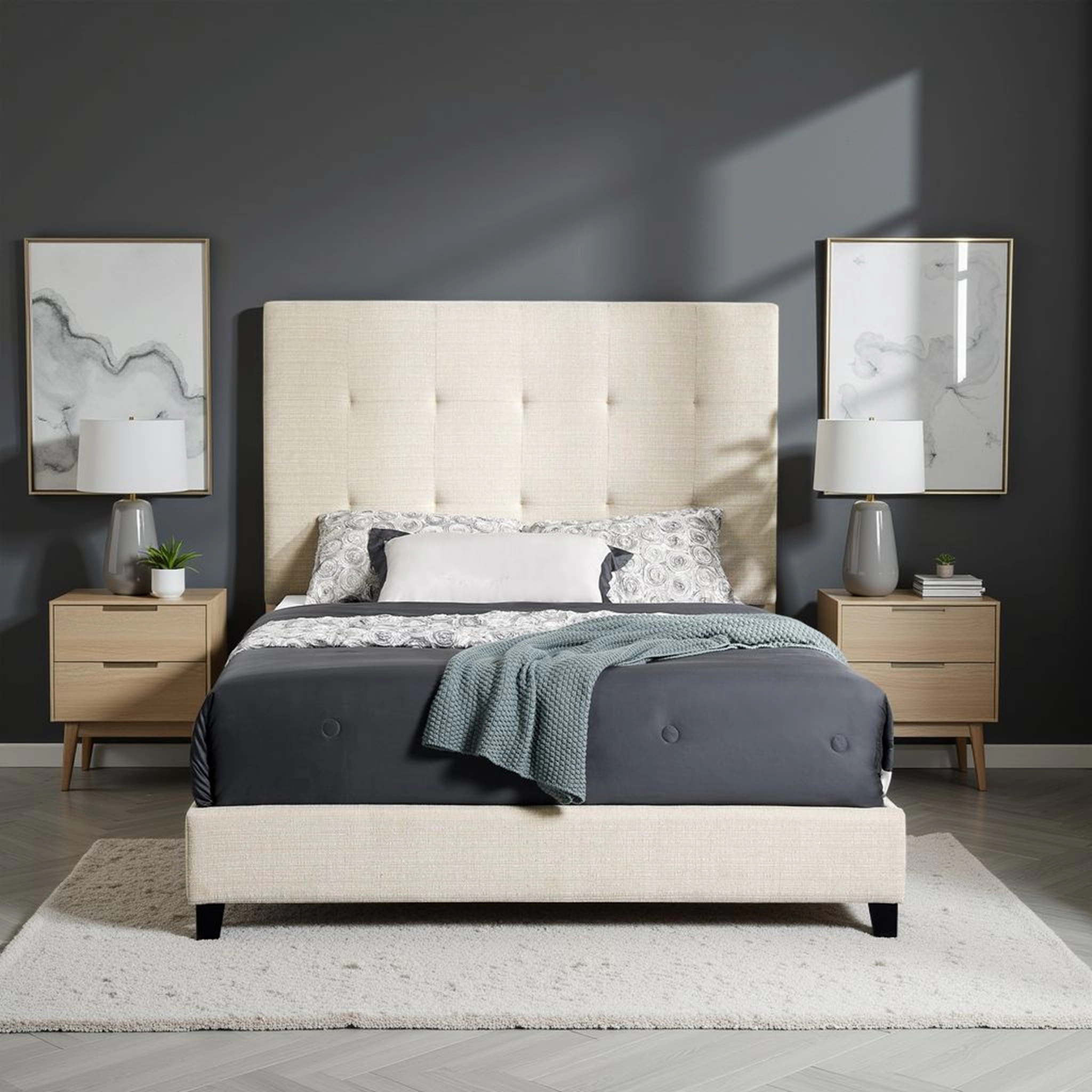 Flynama Queen Beige Tufted Upholstered Platform Bed