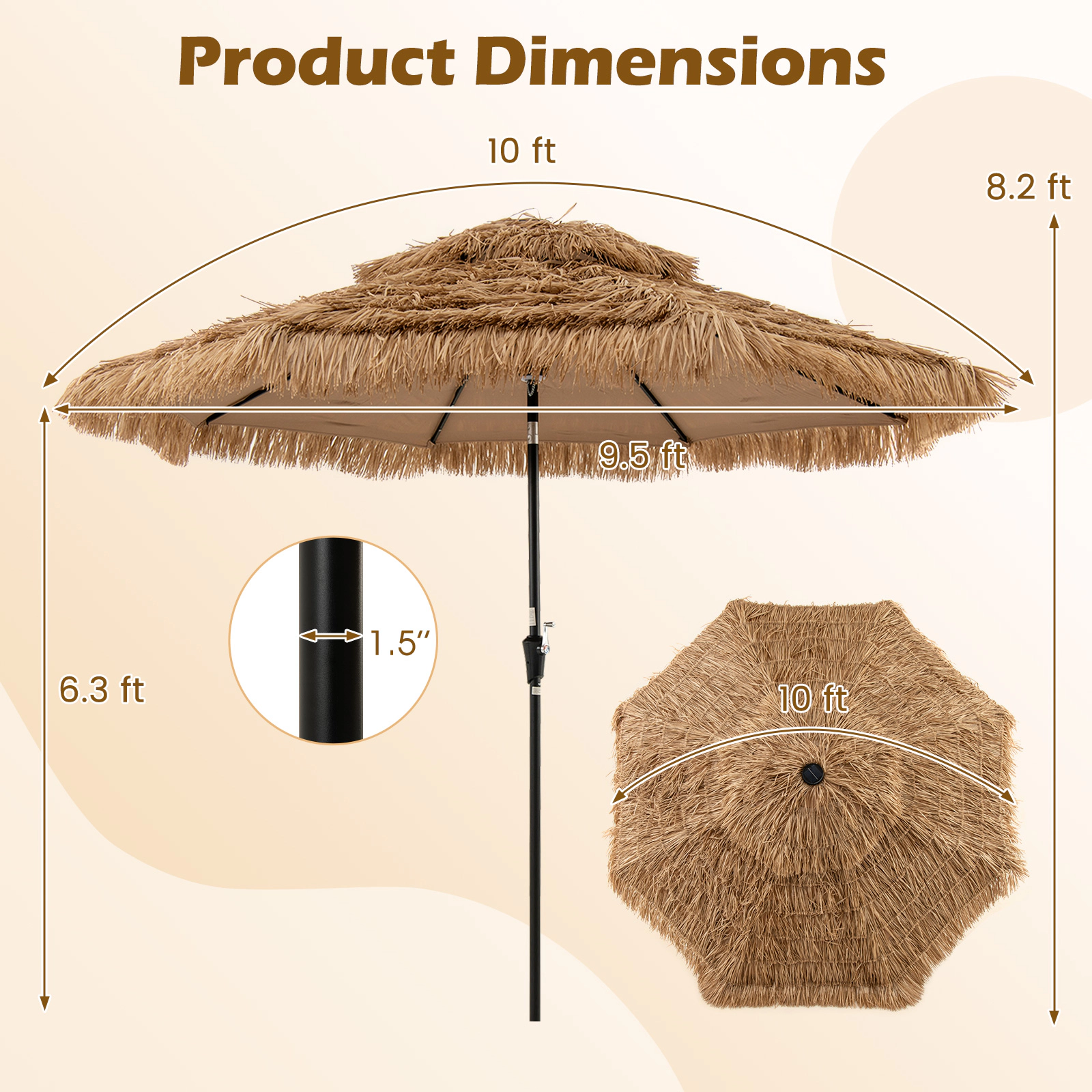 SUGIFT 10-ft Natural Thatched Tiki Patio Umbrella with Solar LED Lights 11-Tier Hawaiian Canopy and Crank