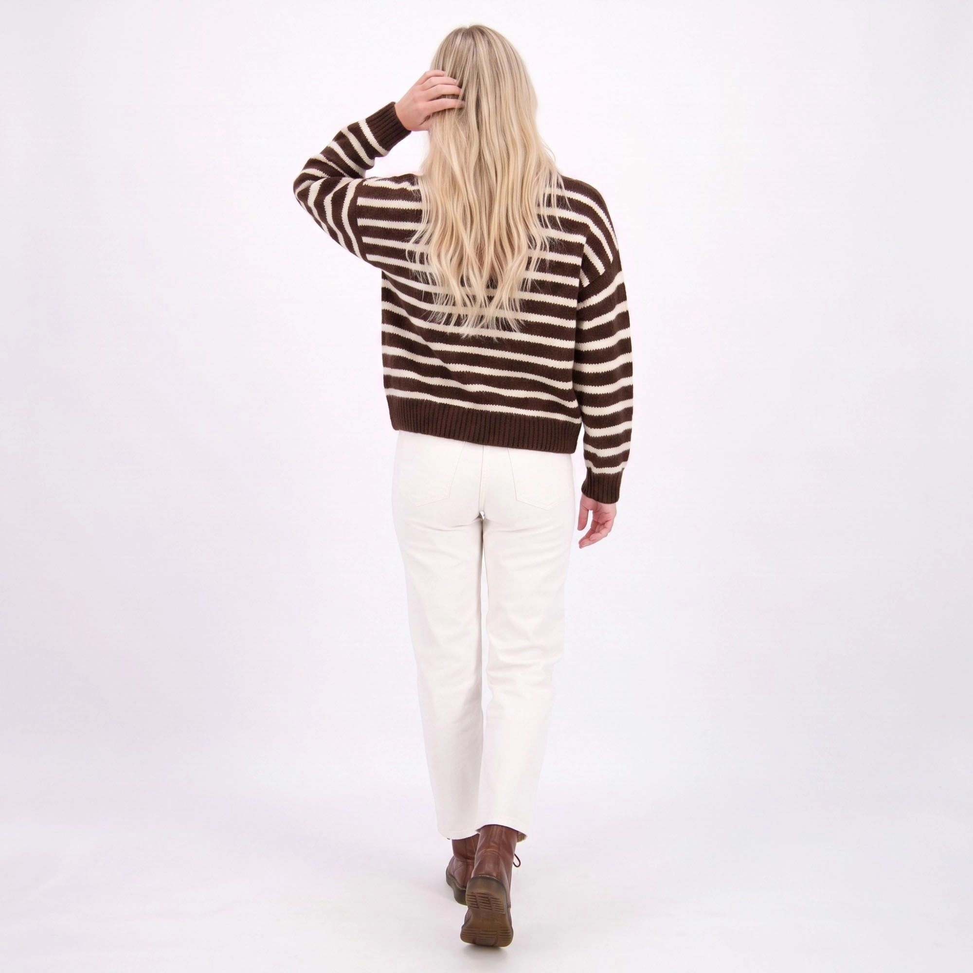 Anna-Kaci Women's Striped Button-Front Crew Neck Knit Cardigan