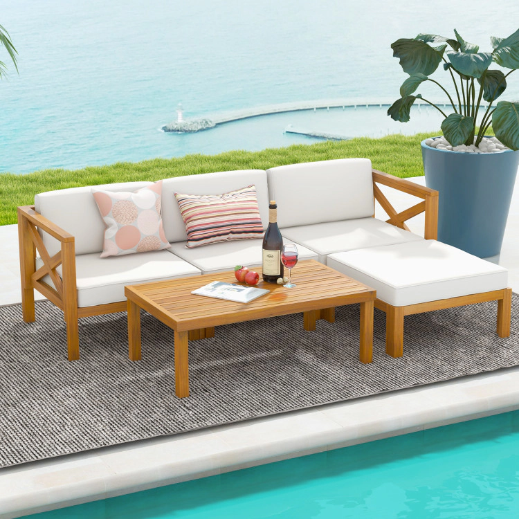 Hivvago 5 Piece Outdoor Conversation Furniture Set With 3 Chairs 1 Ottoman And 1 Coffee Table-White