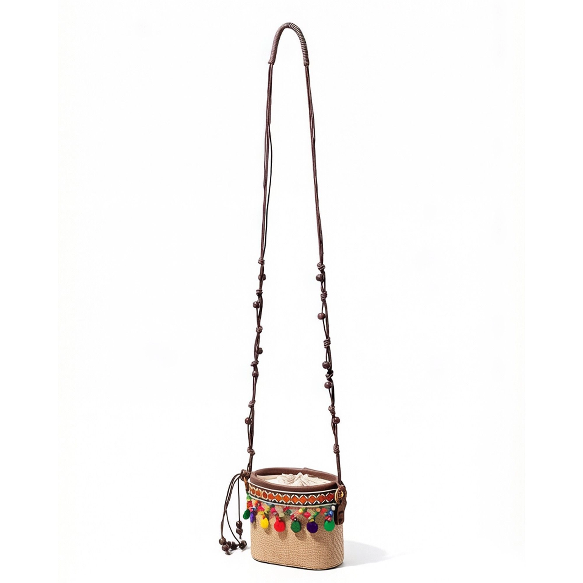 Alilang Women's Woven Straw Mini Crossbody Bag with Tassel Detail Drawstring Closure Small Cylinder Handbag