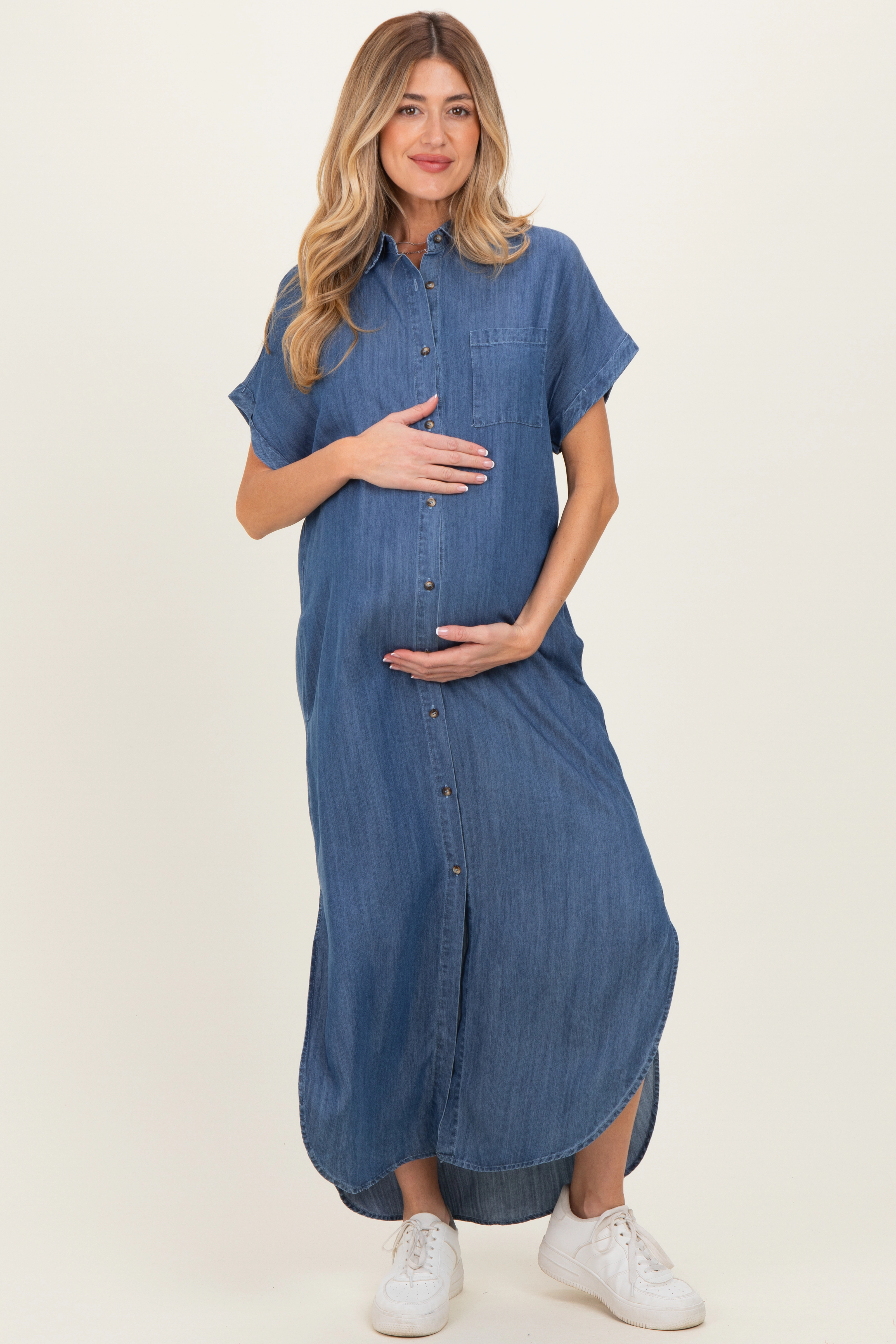PinkBlush Womens Blue Chambray Button Down Maternity Shirt Dress