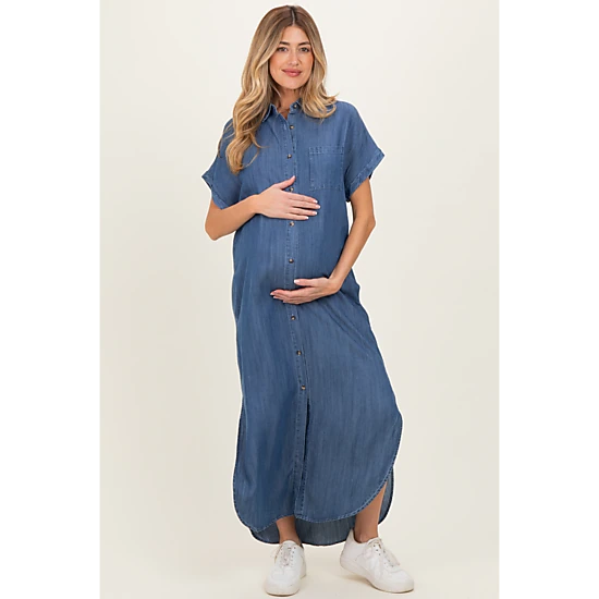 PinkBlush Womens Blue Chambray Button Down Maternity Shirt Dress