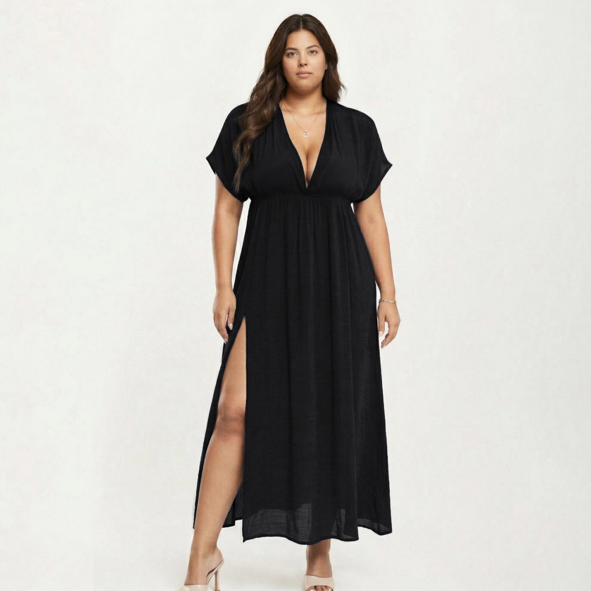 Anna-Kaci Women's Plus Deep V Neck Short Sleeve Loose Fit Flowy Maxi Dress